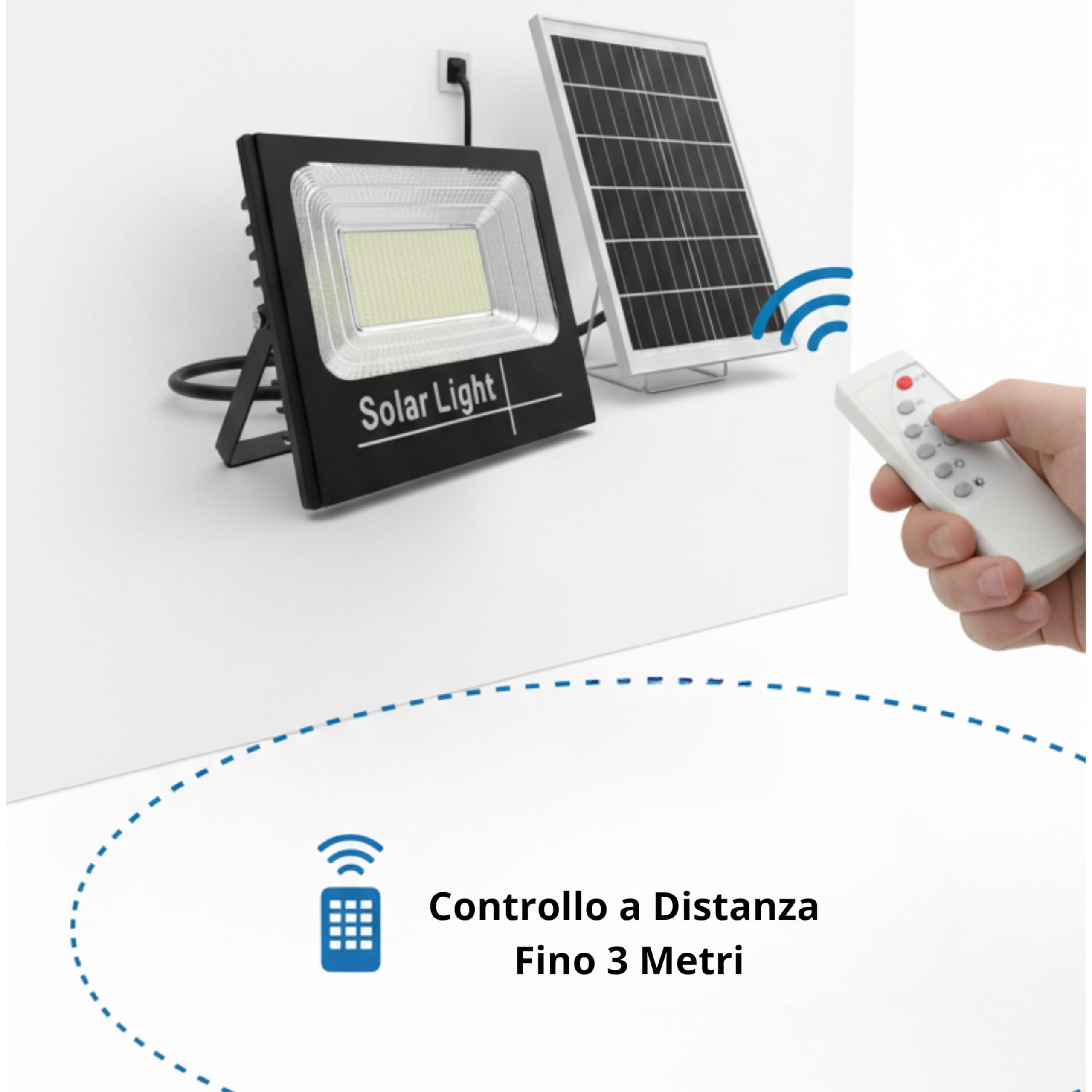 YASTA 3 Pezzi Faro LED 200W con Pannello Solare da Esterno, Luce LED Crepuscolare con Telecomando, Impermeabile IP65, Luce Fredda 6500K, Cavo 4M, per Casa Giardino Viale Garage Cortile