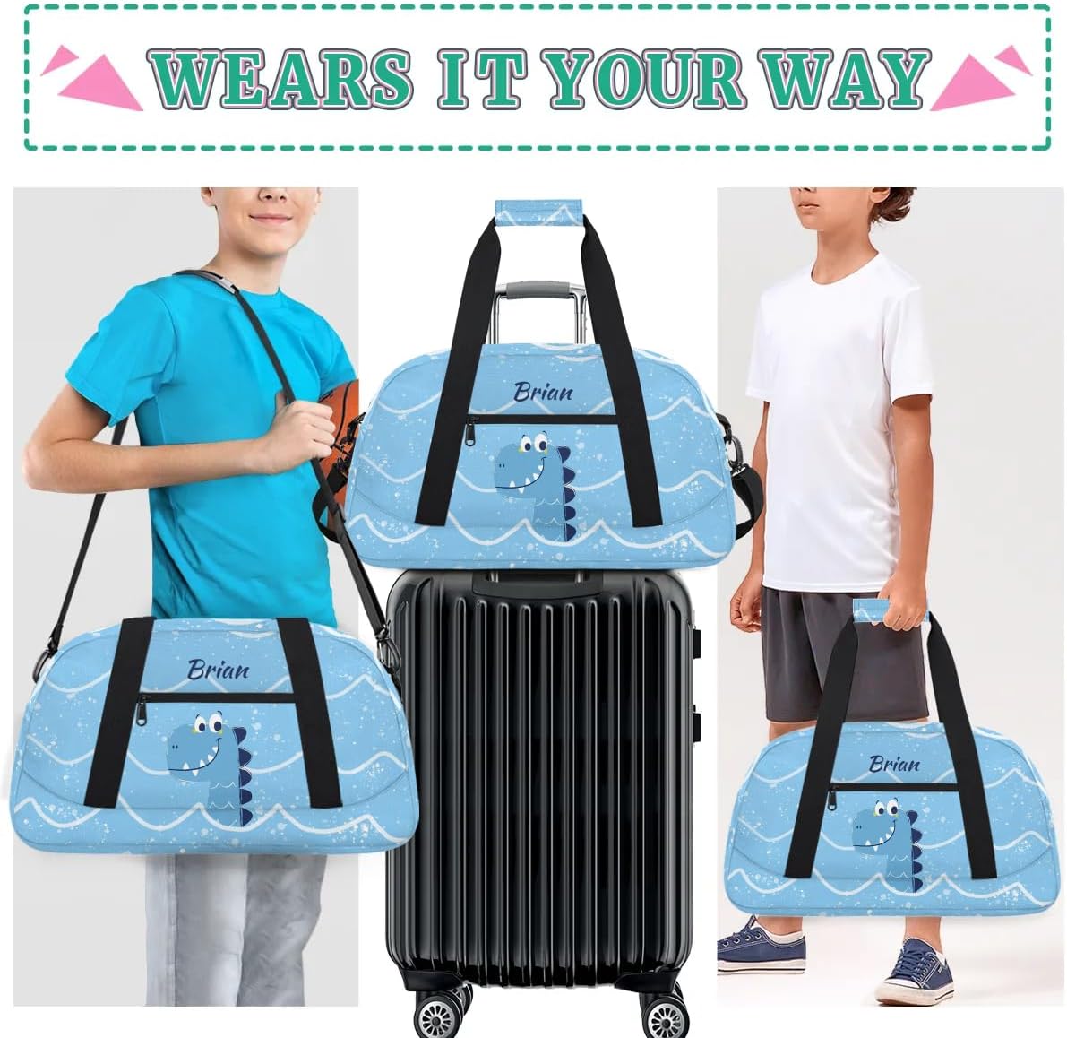 Personalized Duffel Bag for Kids Girls Boys, Dinosaur Wave Custom Name Gym Bag Overnight with Padded Handles Carry On Weekend Sports Travel Bag for School Practice Gymnastics Ballet