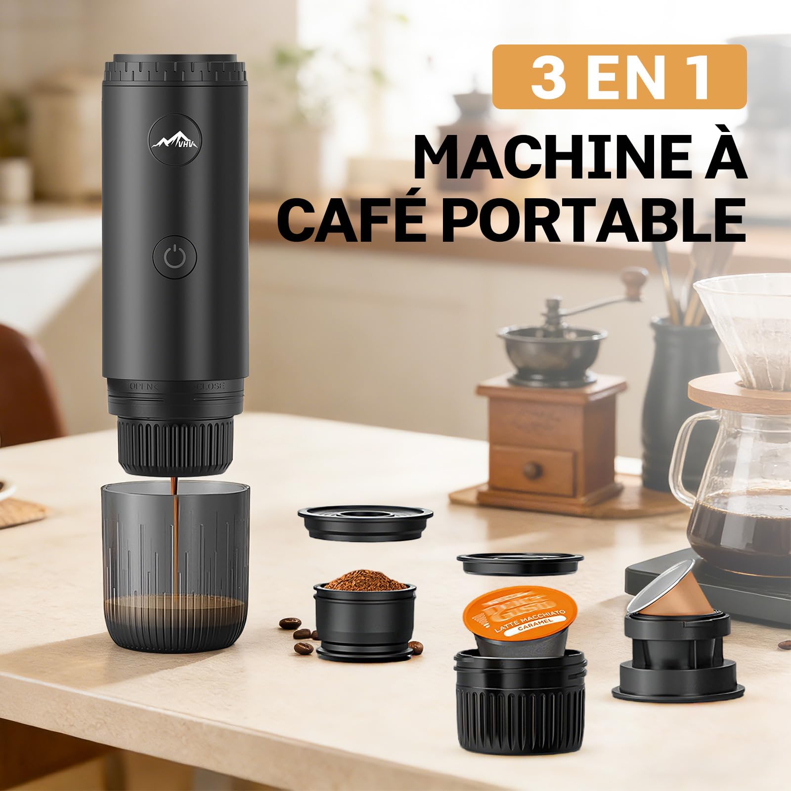 VHV Machine à Cafe Portable, Cafetière Portable 3 en 1 Compatible avec les Capsules Espresso et Poudre de Café, Rechargeable Pour Voyage, Camping, Voiture, Maison (Noir)