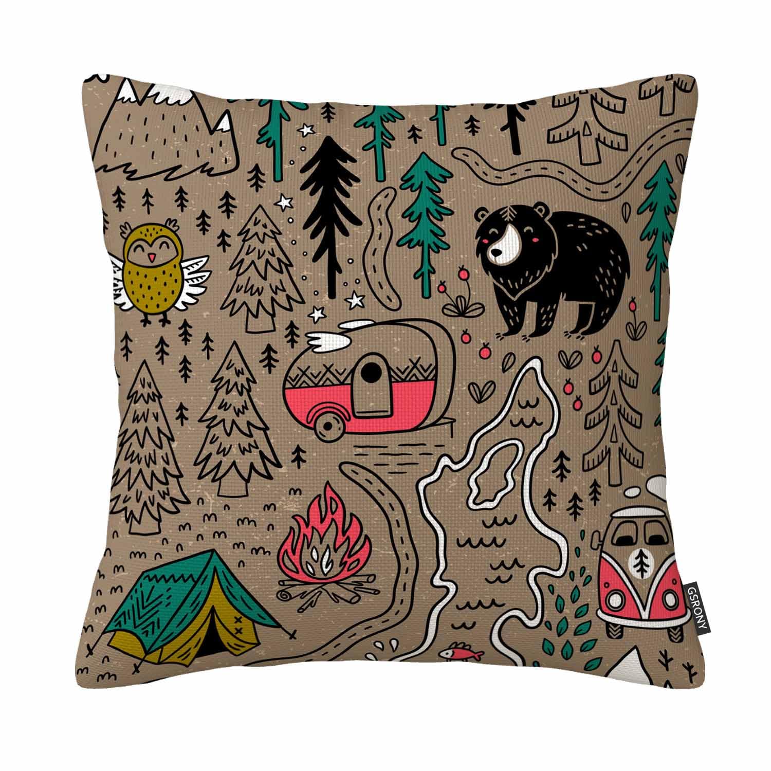 Gsrony Beige Camping Throw Pillow Covers Camp Funny Nature Landscape Camping Cute Animals Forest Home Decor Pillowcase 18X18 Inches