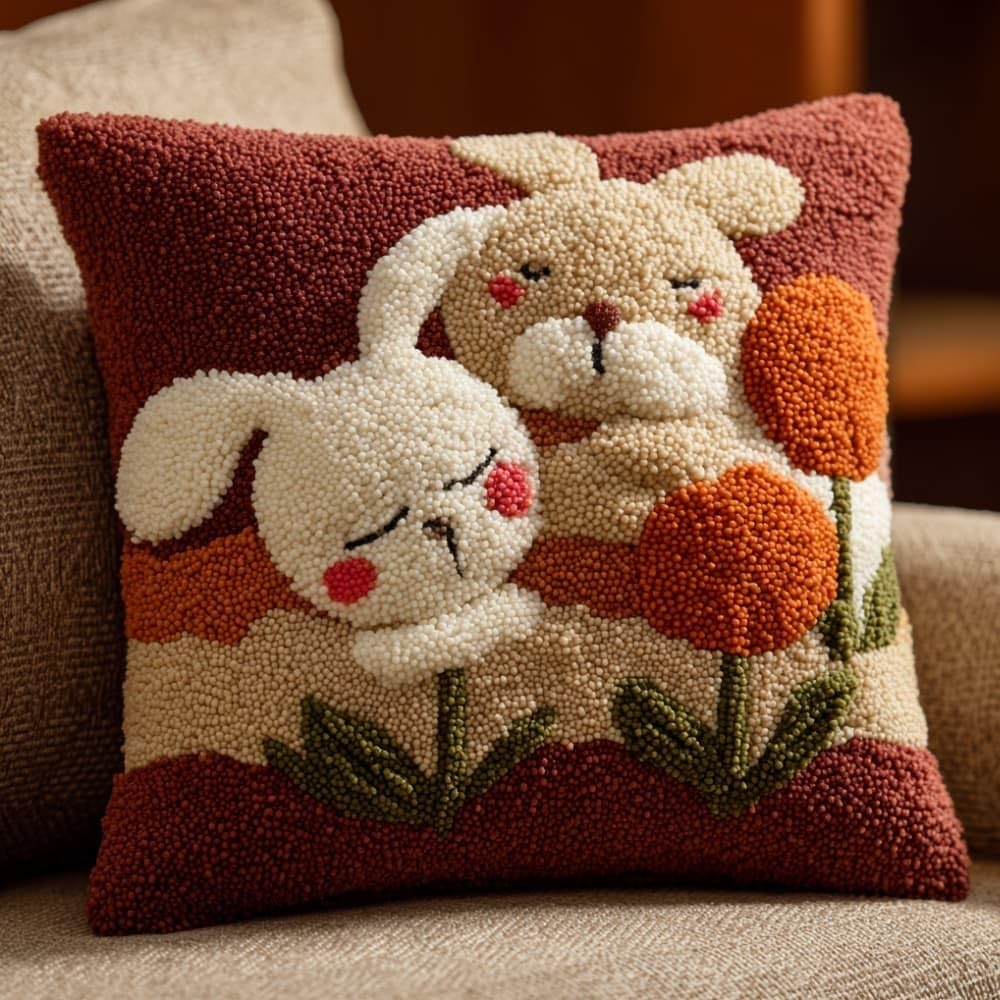 Taxpy Latch Hook Cushion Kits Rabbit Pillowcase Kits Embroidery Kit 17X17 Inch DIY Needlework Pillow Cover Sofa Cushion Rug Making
