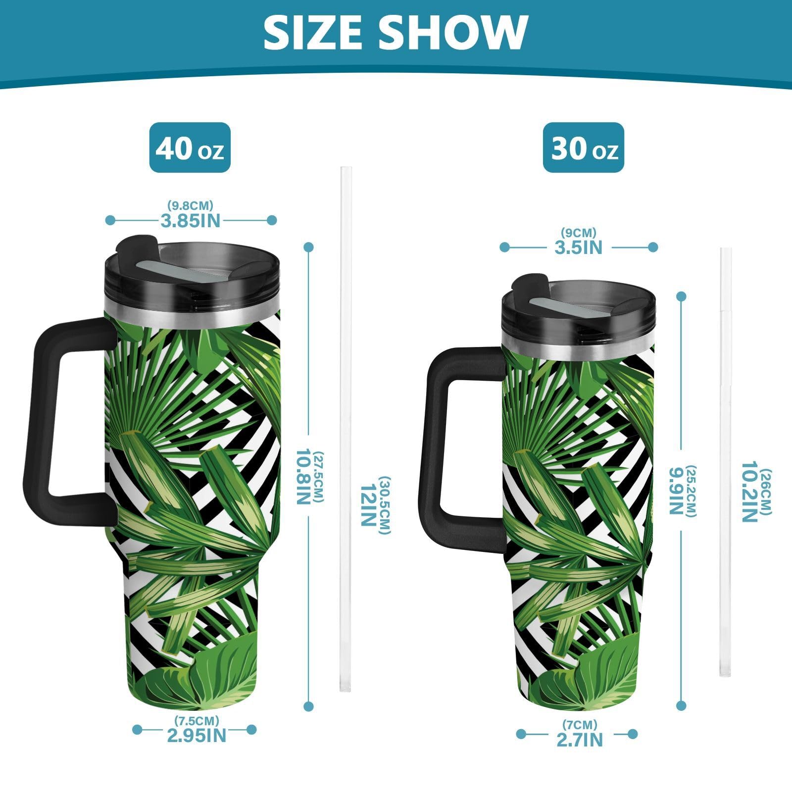 Isolierter Becher Palmenblätter, doppelwandige Edelstahl-Wasserflasche, Kaffeetasse, Reisebecher mit Griff, Strohhalm-Deckel