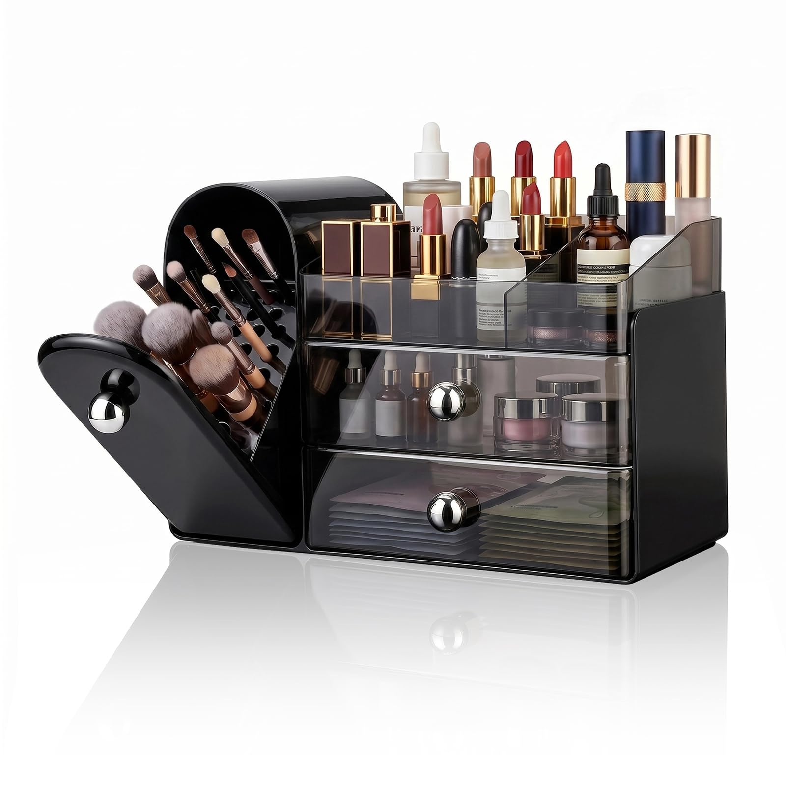 ERWEY Organiseur de maquillage avec tiroirs, grand organiseur de coiffeuse, rangement de pinceaux, boîte de rangement pour commode, coiffeuse, salle de bain (noir)