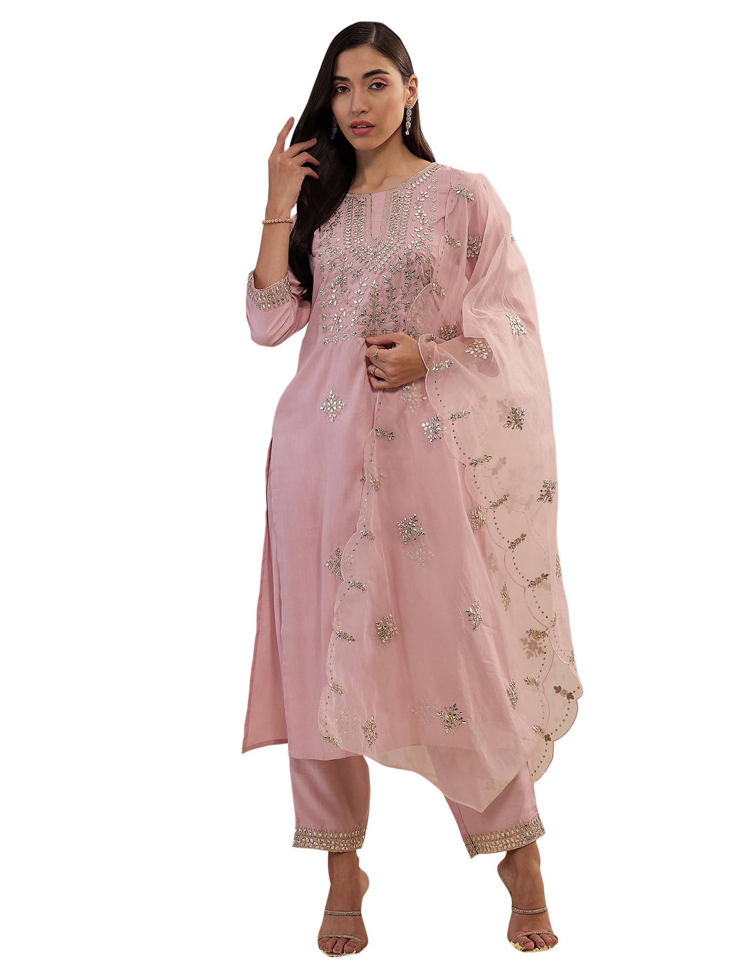 INDO ERA Women's Embroidered Silk Blend Straight Kurta Pant With Dupatta Set (Kh9Bp6009)