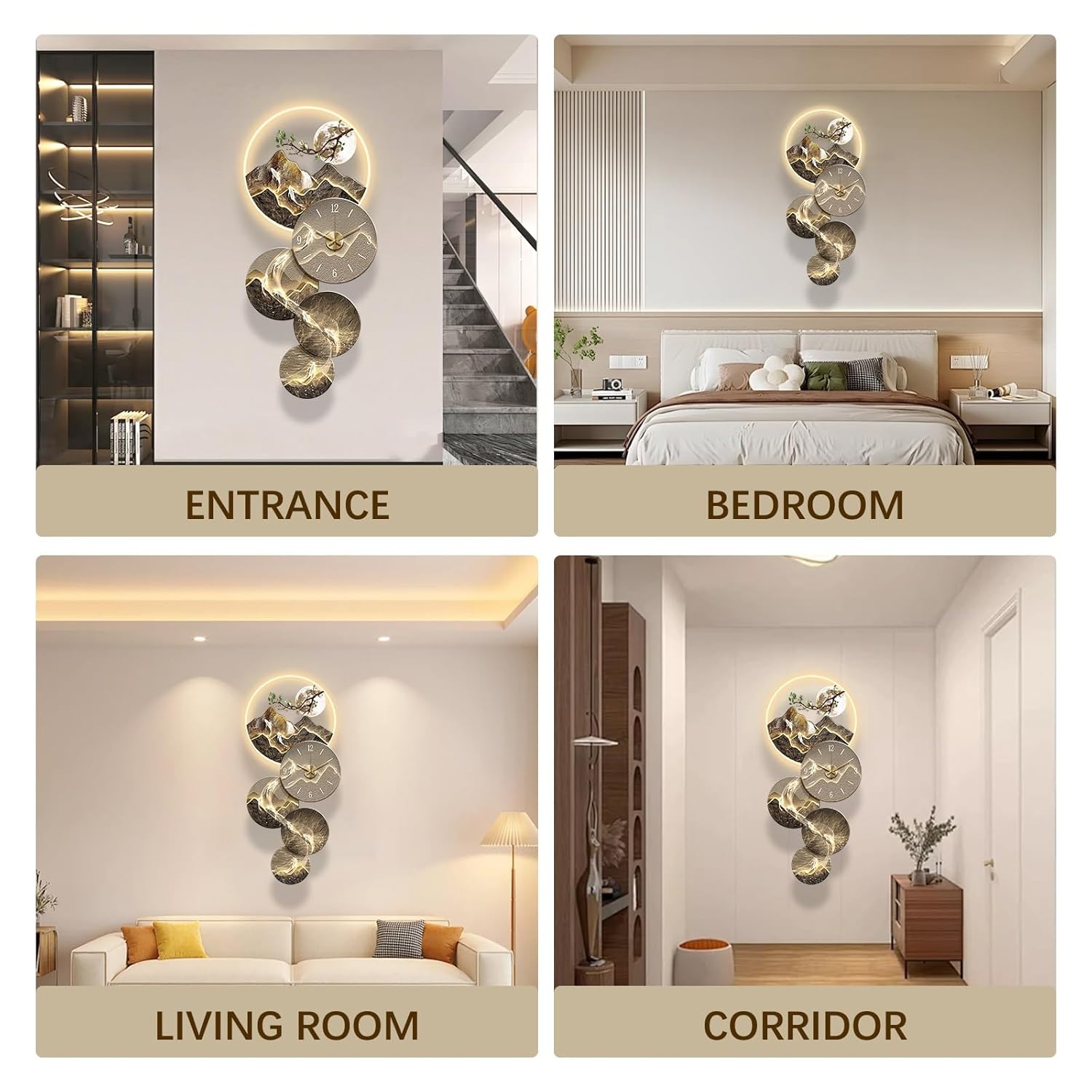 Creative Wall Art Decoration with Warm Lights 3D Wall Art Clock with LED Lights Large Family Hanging Sculpture Painting China for Living Room Bedroom Entrance(A,23.62x47.24in) - Image 7