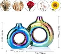 Vista 2 de Juego de 2 jarrones con forma de dona para decoración de jarrón azul, jarrón circular hueco, moderno jarrón de cerámica brillante para entrada, sala