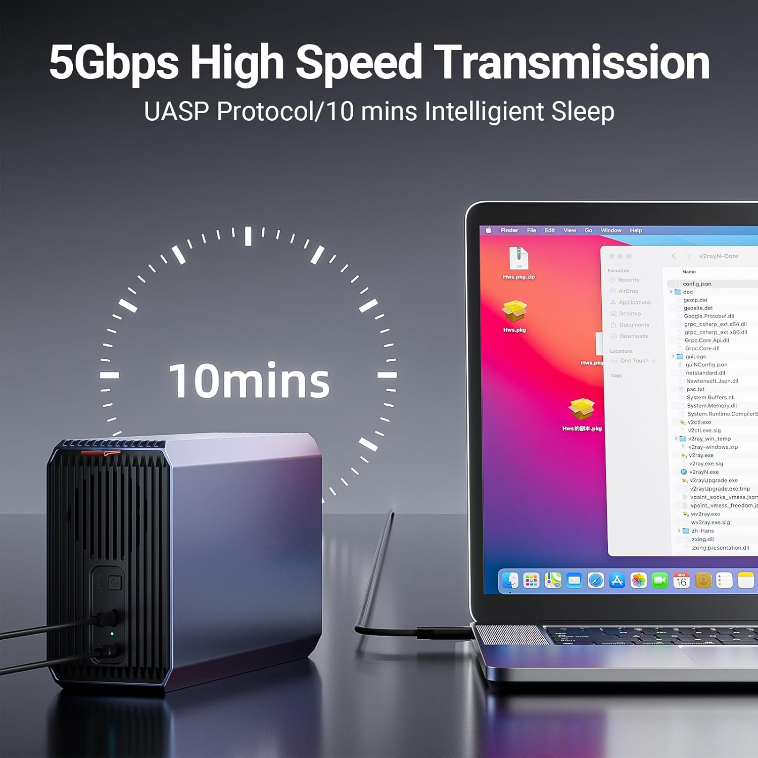 Image depicting 5Gbps high-speed data transmission and 10-minute intelligent sleep feature