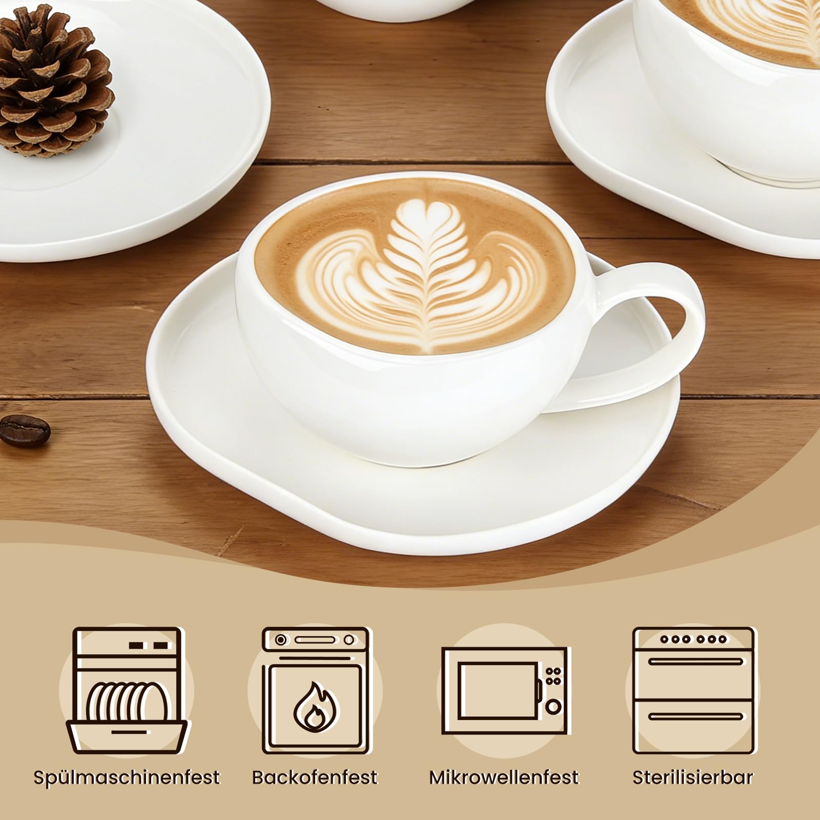 Filiżanki do cappuccino, filiżanki do kawy 200 ml, ze spodkami, serwis do kawy 6 osób, zestaw filiżanek do cappuccino, filiżanki do kawy dla miłośników kawy, cappuccino, latte, Americano i herbaty