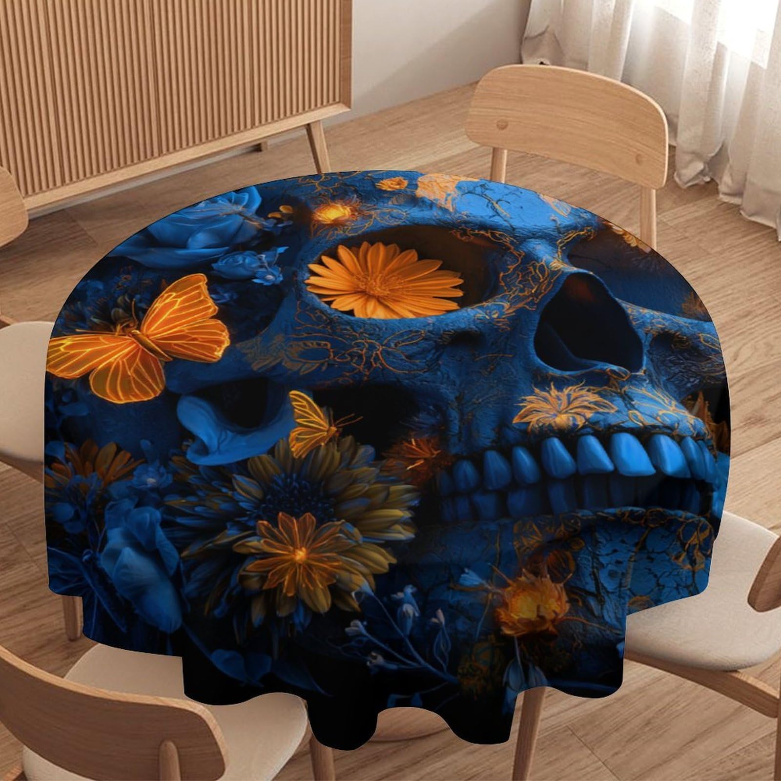 LUYYSKY Retro Fantasy Gothic Skeleton Waterproof Round Tablecloth Modern Funny Skull Skeleton Daisies Floral Animal Butterflies Washable Table Cover for Kitchen-127 Wx127 L cm