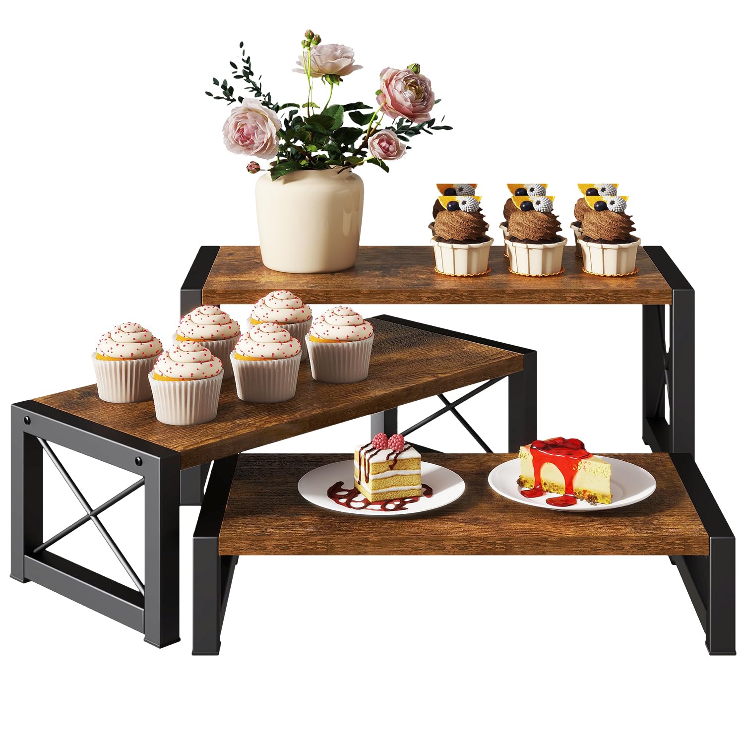 IBUYKE Cupcake Display Stand, Set of 3,Large Wood Risers Display Stands,Dessert Stand for Party,Tiered Serving Stand for Decor, Doll,Food,Perfume,Rustic Brown TLJ019H