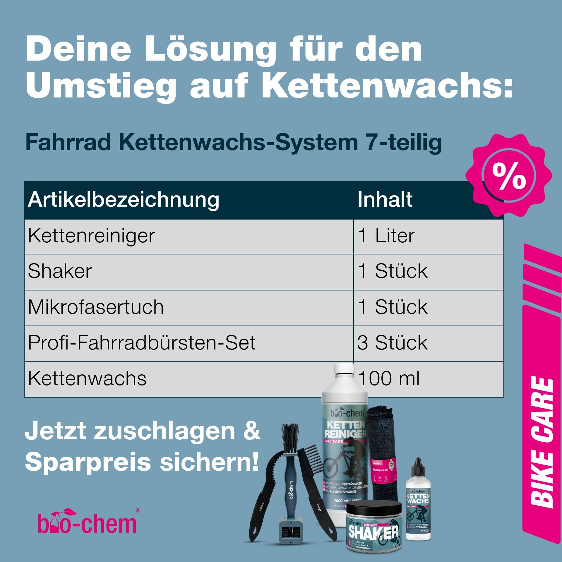 bio-chem Kettenwachs System Set 7-teilig für Fahrräder | Mit Kettenreiniger 1L, Kettenwachs 100ml, Shaker, Bürsten & Tuch für Rennrad, MTB & E-Bike