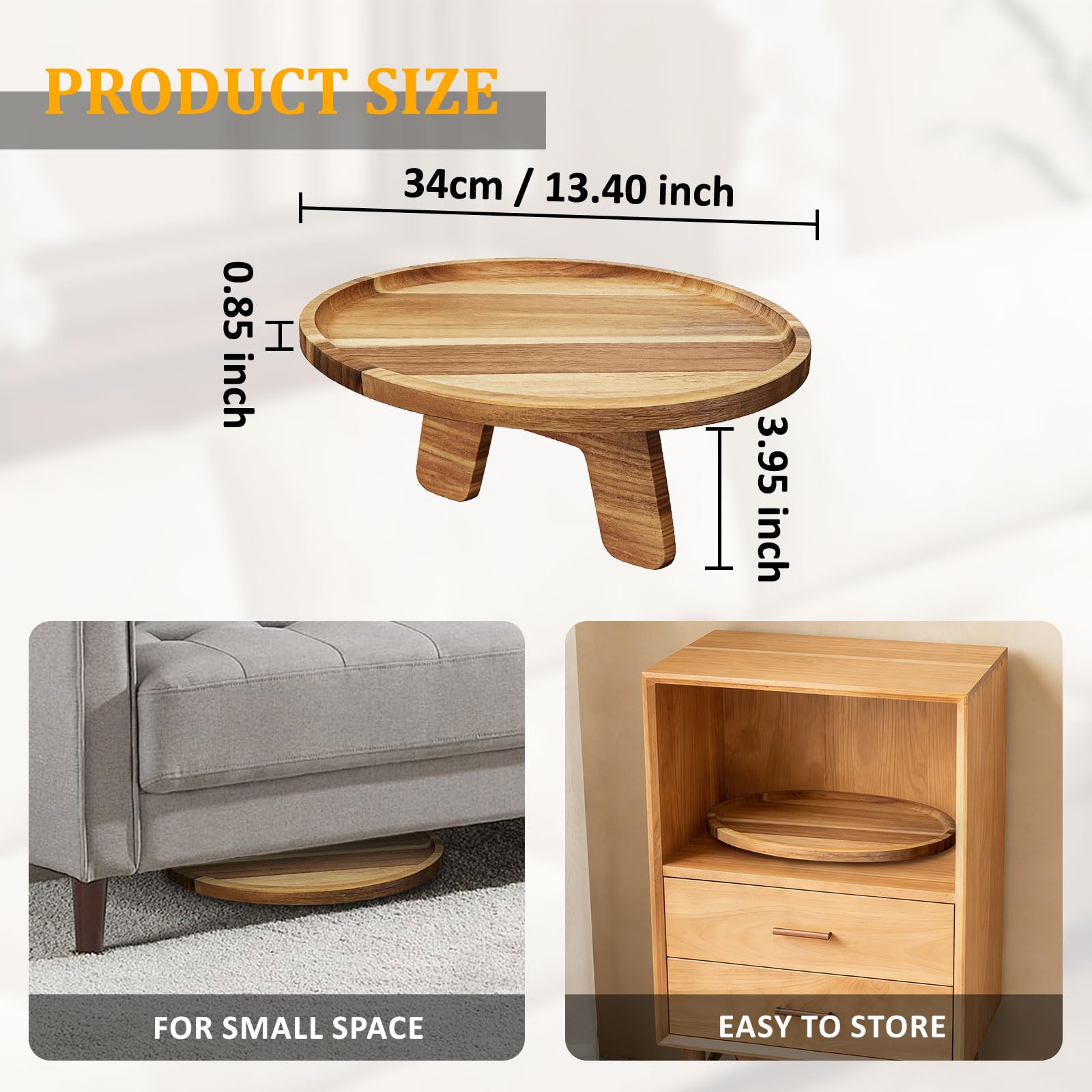 Bandeja de sofá de madera de acacia, inserto de mesa plegable para sofá central portátil, bandejas de reposabrazos perfectas para bebidas, aperitivos, teléfono, control remoto (círculo)