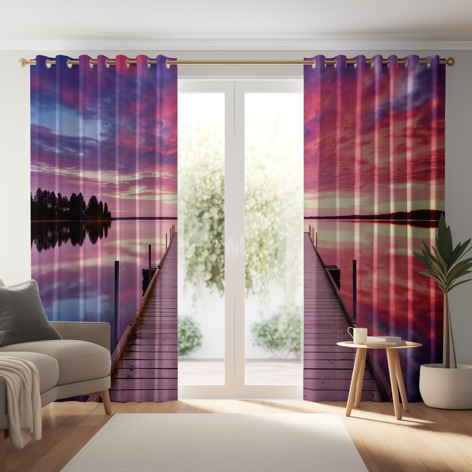 117L X 138H cm (2 Panneaux) Rideau Occultant Thermiques à Oeillets pour Chambre, Violet Marron Motif Nature Nuages Jetée Mer Rideaux Salon pour Chambre Enfant Fille Garcon Rideau