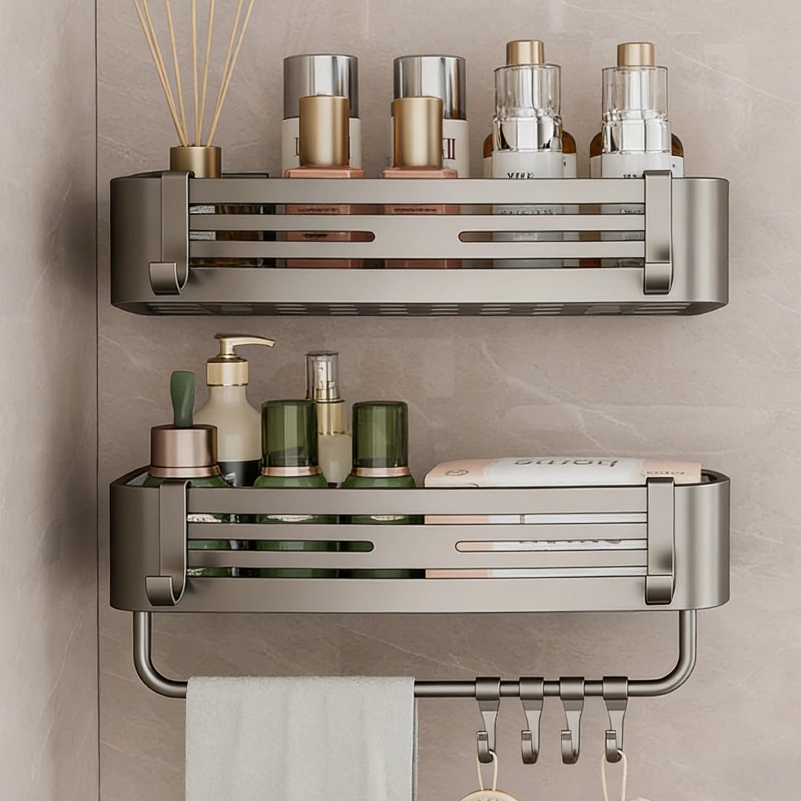2Pcs Corner Shower Shelf Caddy Suction Cup No Drill Hole with Towel Bar and Hook Gray Bathroom Storage