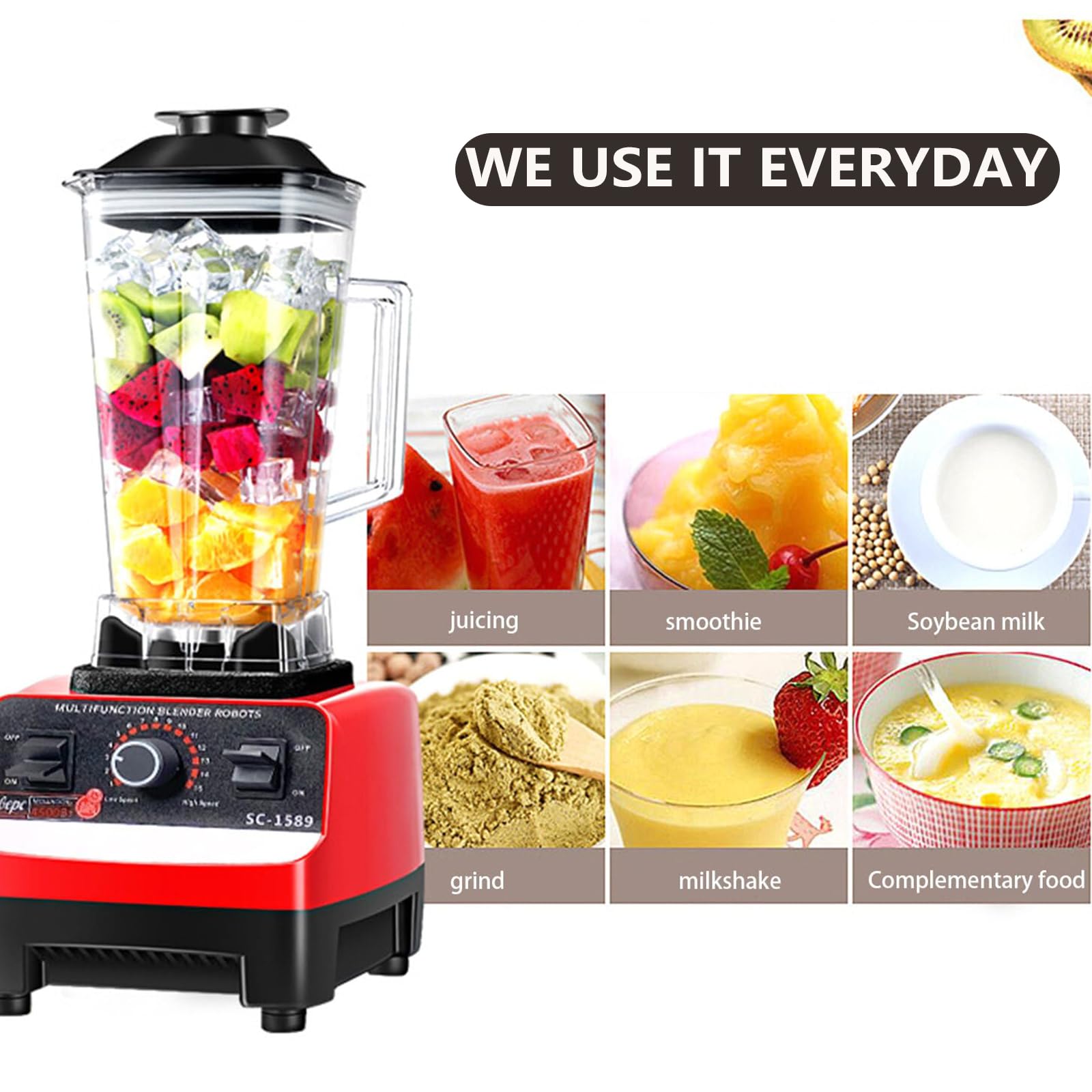 Frullatore da banco Professionale da 4500 W, 1 Volume, 8 l, 15 velocità, con 6 Lame in Acciaio Inox per frullati e Smoothie, con Contenitore da 70 Once e 2 Tazze Senza BPA