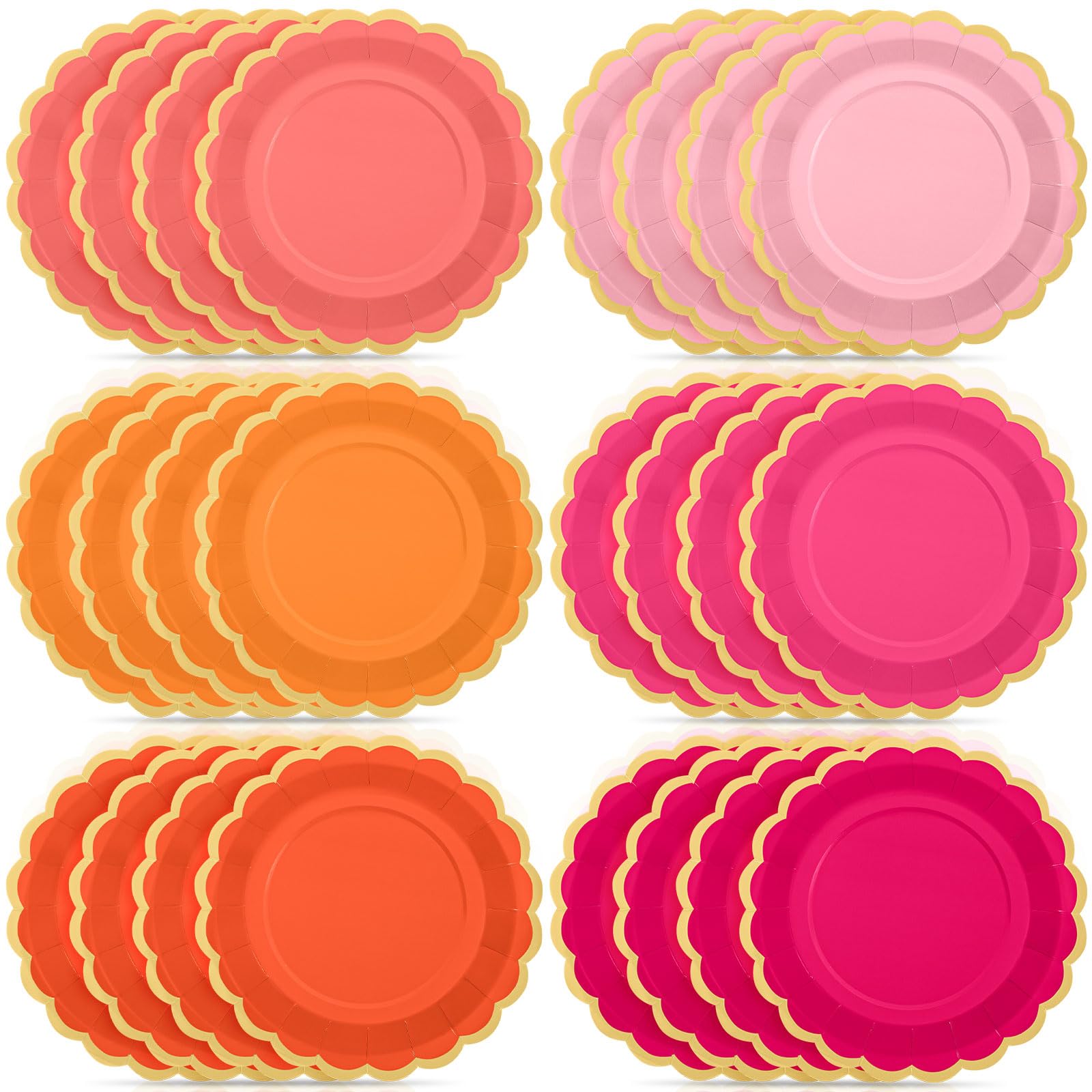 48 Pcs Pink and Orange Paper Plates 9 Inch Scalloped