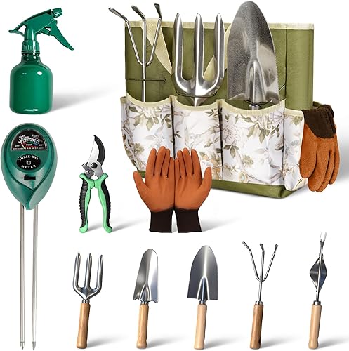 Juego de herramientas de jardín, 10 piezas de herramientas manuales de jardinería resistentes con medidor de humedad del suelo y bolsa de