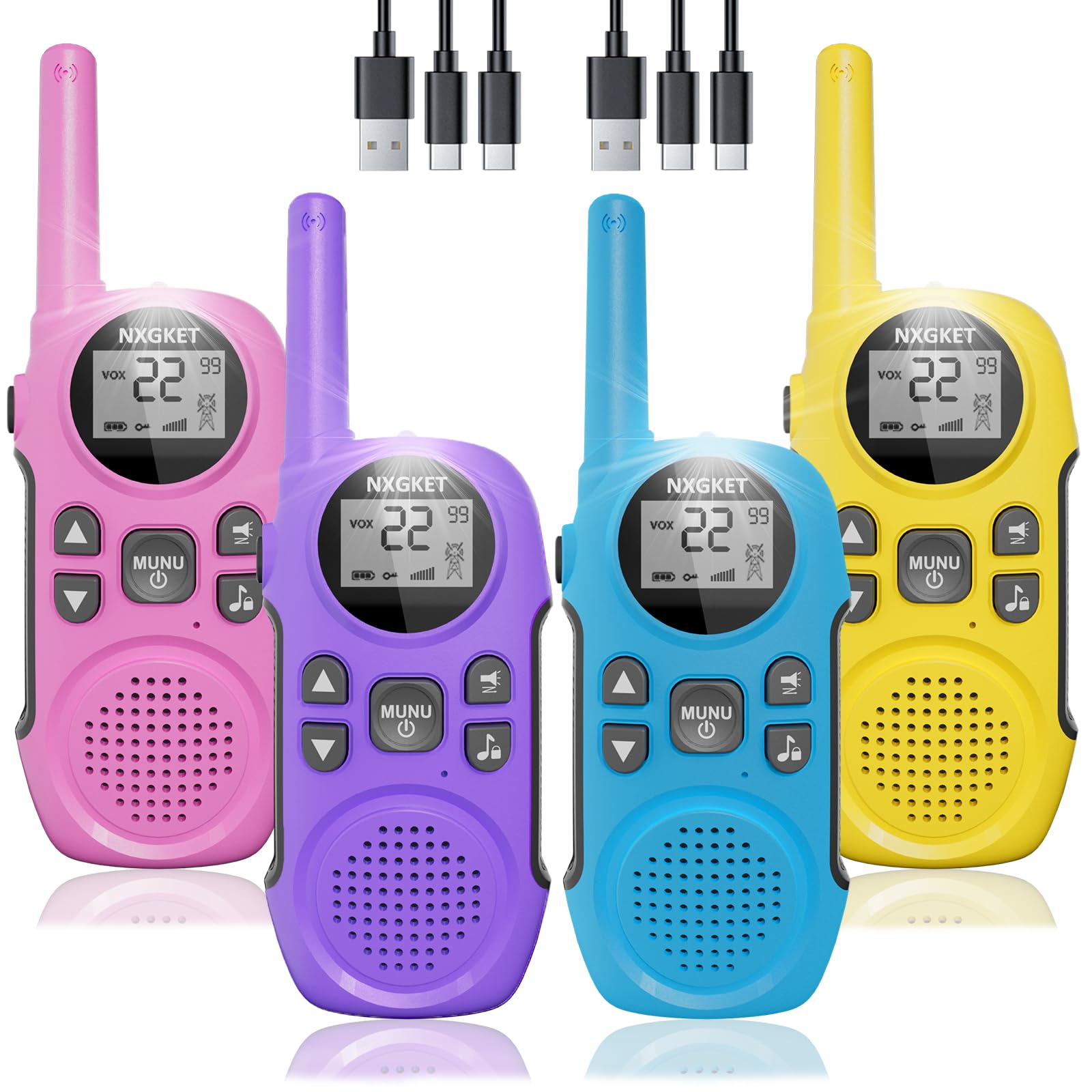 Walkie Talkies for Adults Long Rang - NXGKET 4 Pack Rechargeable Walkie Talkies 2 Way Radio 22 FRS Channel with Flashlight VOX USB-C Cable, Gift for Kids Boys Girls for Camping Hiking Biking Cruises