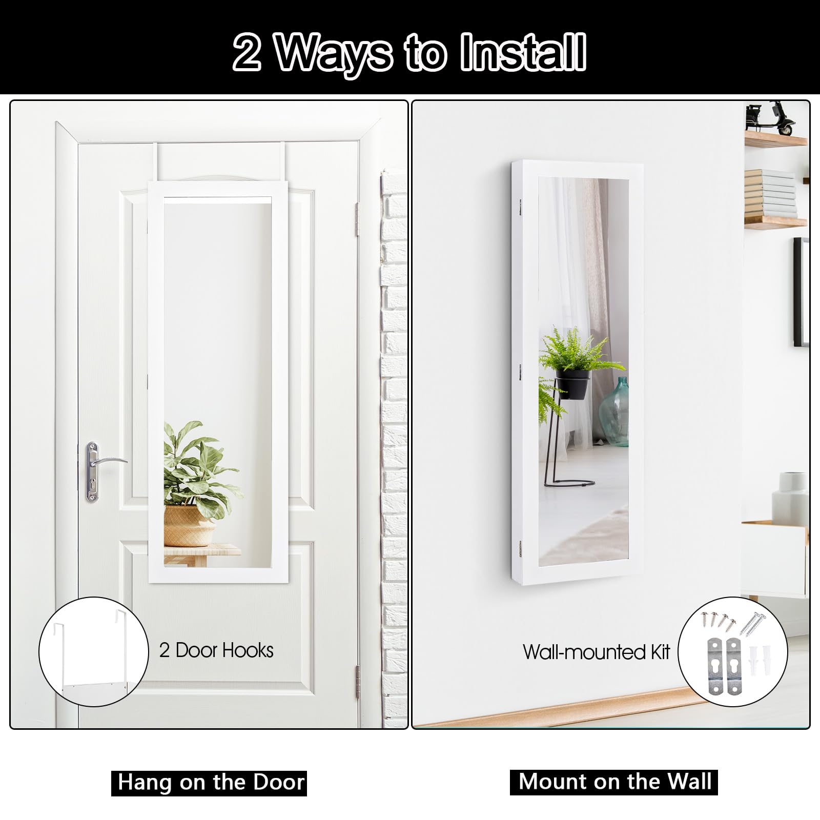HOMASIS Schmuckschrank mit 2 Spiegeln für Wand & Tür, Spiegelschrank mit Regal, Schmuckregal mit Kettenhaken & Ringverschluss, Schmuckkasten Schmuck-Organizer aus Holz, Weiß (Weiß)