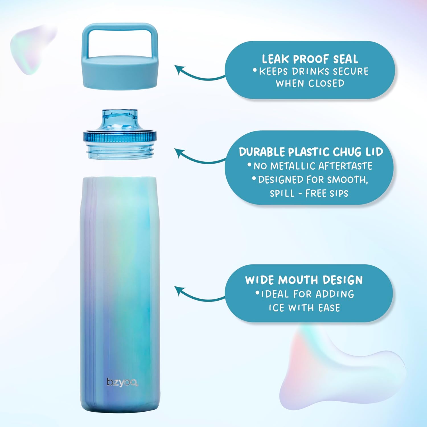 bzyoo 24oz Insulated Water Bottle with Clear Chug Lid - 100% Leakproof Stainless Steel Bottle, Aurora Iridescent Blue, BPA-Free Double Wall Vacuum Flask for Hot & Cold Drinks, Fits Car Cup Holders - Image 6