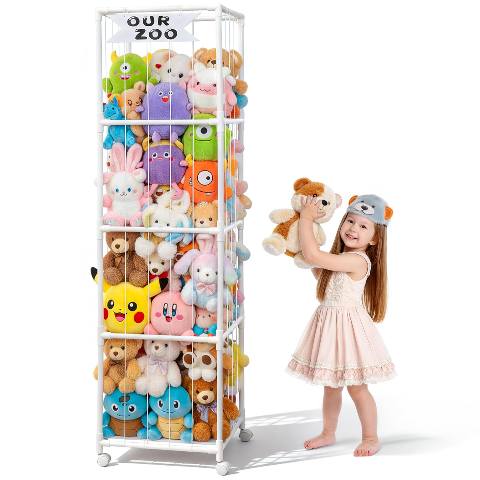 Cvkwe Soft Toy Storage with Wheels, PVC Large Stuffed Animal Teddy Storage with Elastic Band, Kids Toy Storage Organiser Shelf for Nursery Playroom Bedroom Kids Room Decor (180 x 49 x 44cm)