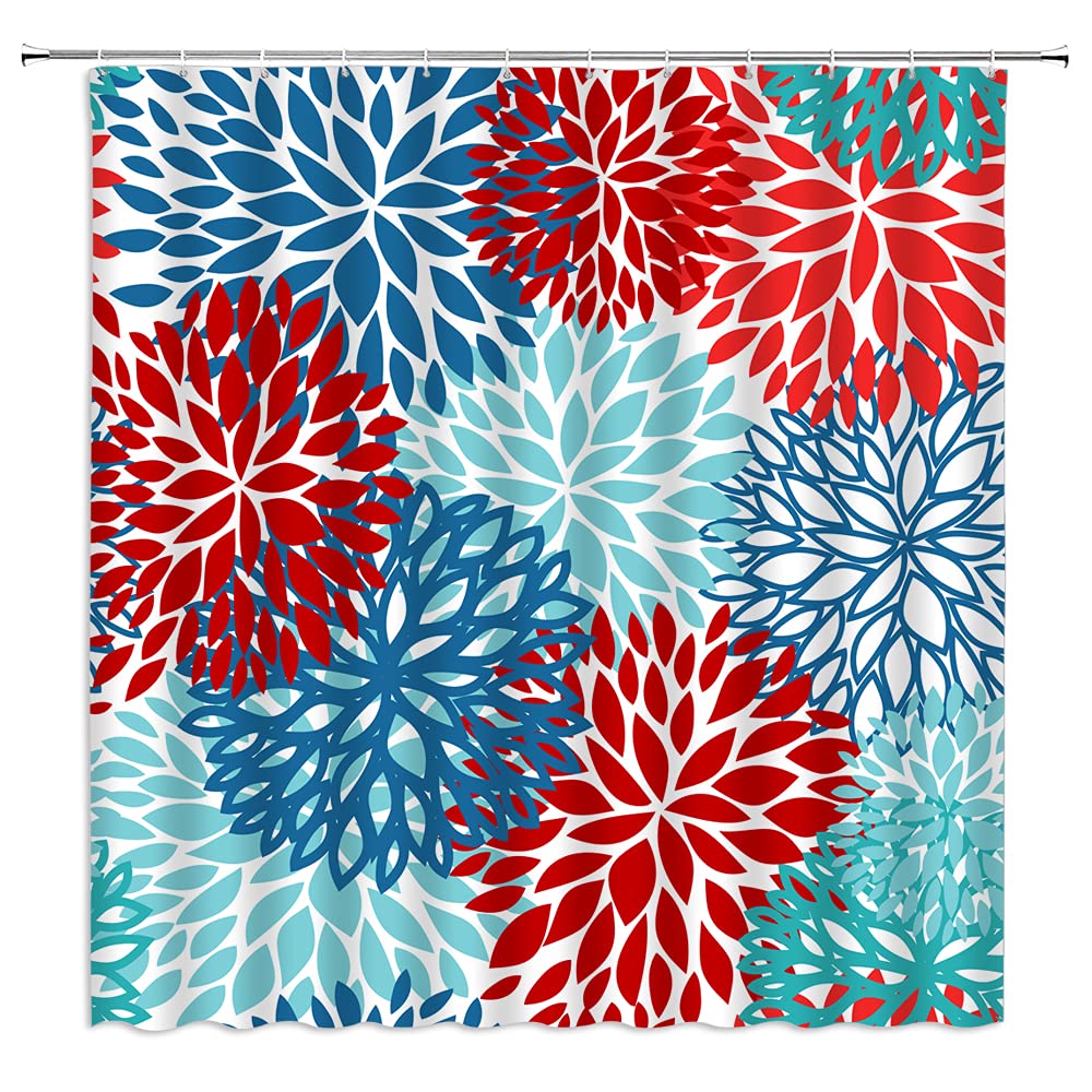GCTNBJL Dahlia Pinnata Floral Shower Curtain Antique Colorful Red Blue Navy Teal Turquoise Flower Blooming Paisley Abstract Chrysanthemum Rustic