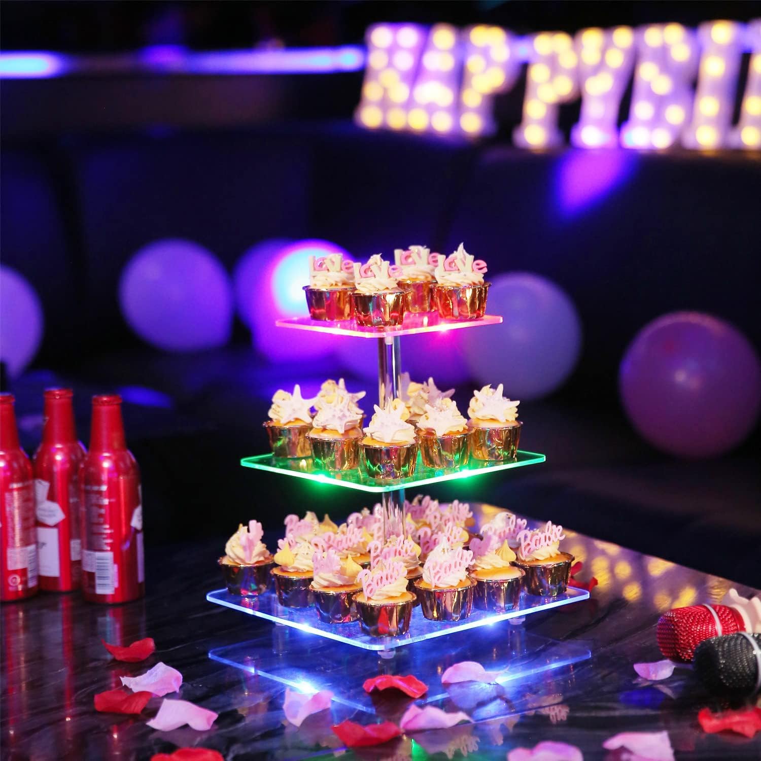 3 Piani Cupcake Stand, Ulifeme LED Ricaricabile Alzata, Supporto per Esposizione di Dolci Trasparente Quadrato, Torre di Cupcakes per Natale, Matrimoni, Anniversari, Feste Prenatalizie e Compleanni