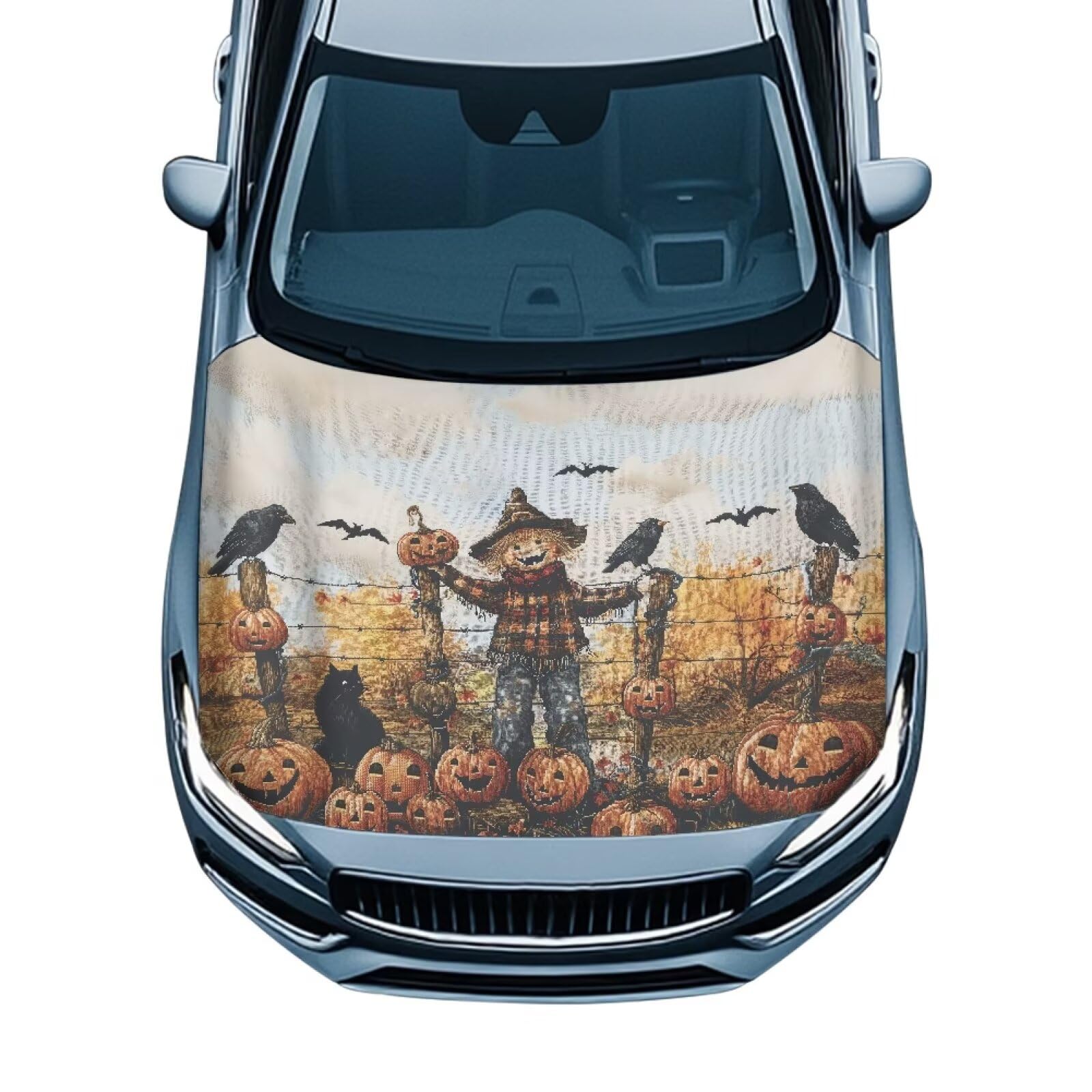 Pumpkin Head Bat Car Hood Cover All Weather Protection Auto Exterior Accessories Decor for Halloween Universal Fit Hood Covers for Cars, Trucks, SUV, or Van Full Coverage