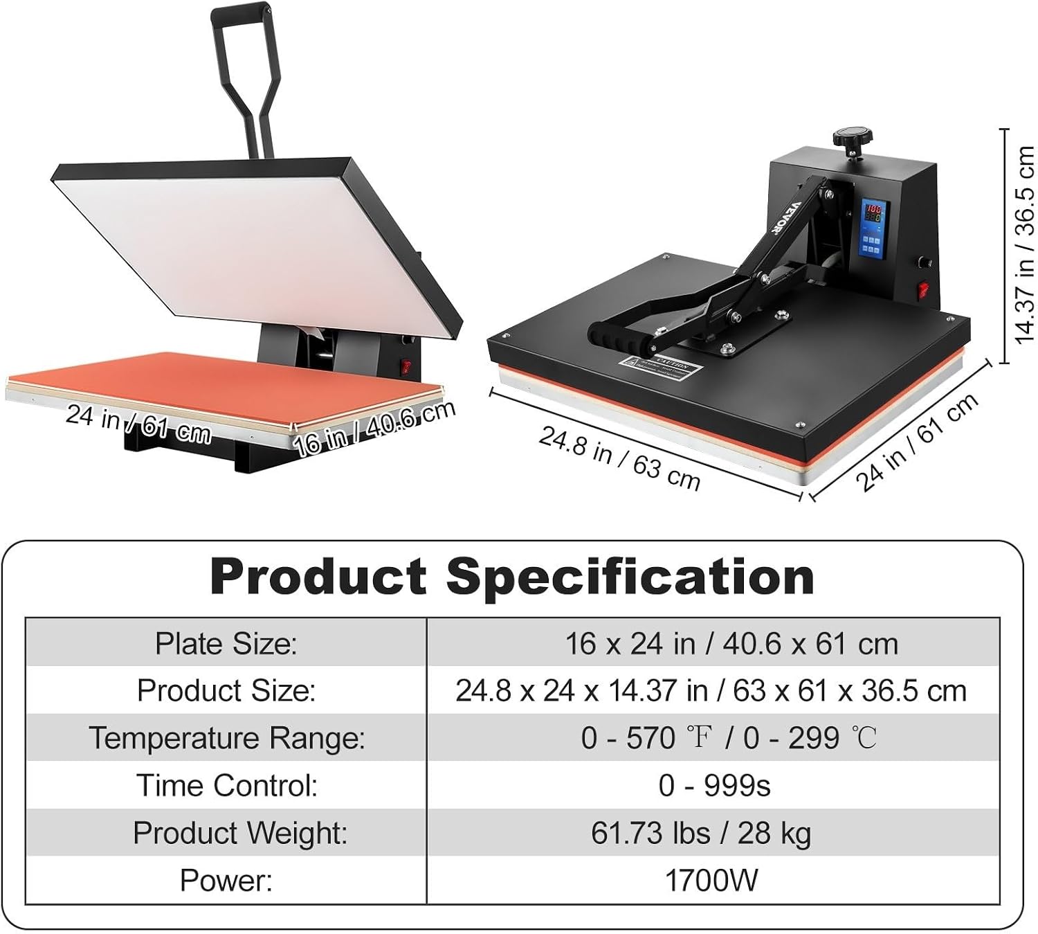 Distribute Heat Evenly Heat Press 16x24, 1700W Power Heat Press Machine, Fast Heating, High Pressure Heat Press Machine