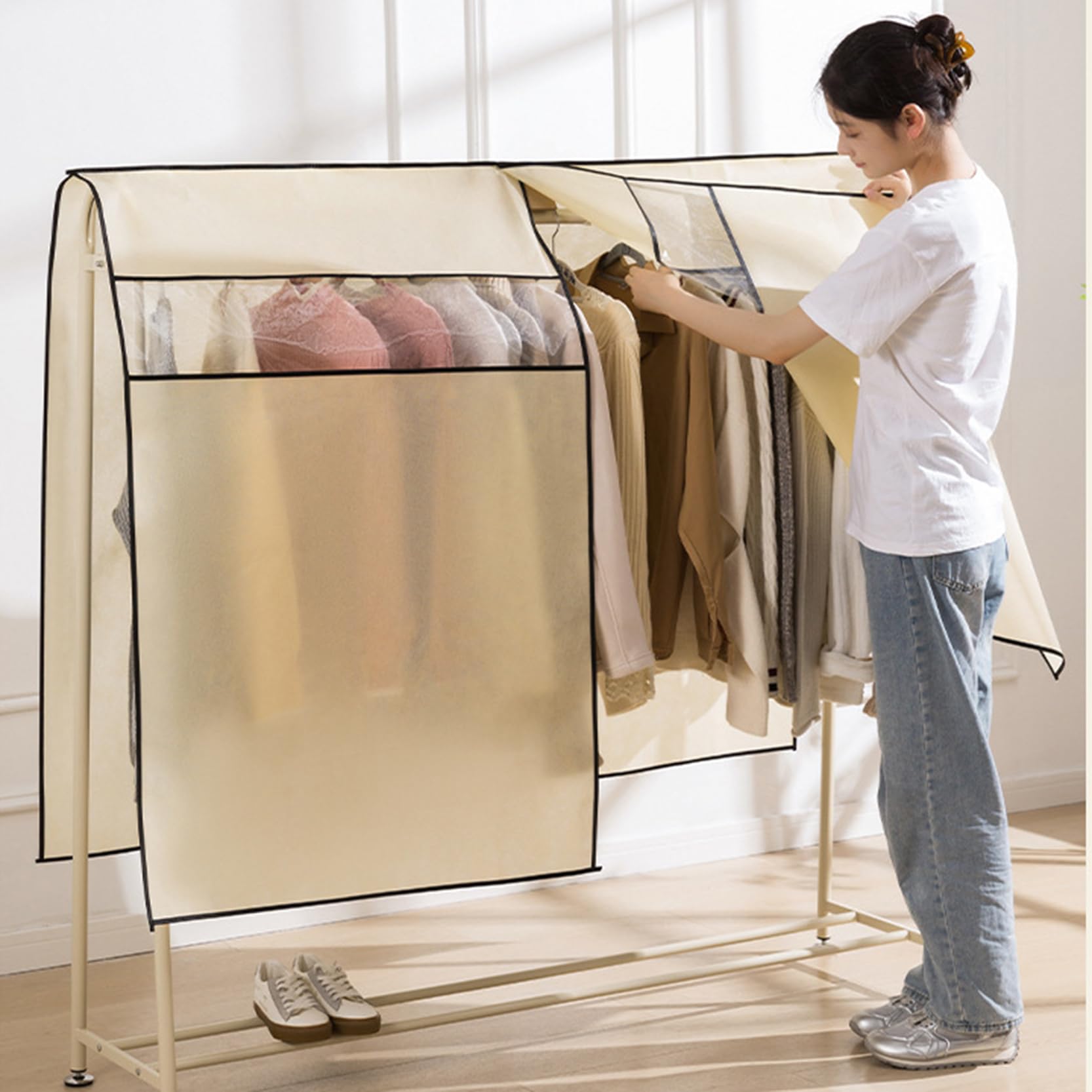 Kleiderstangenabdeckung mit Sichtfenster, 3er-Pack, Lange (B) 60/120/180 x (H) 120 cm, staubdicht und atmungsaktiv, beige, 180 x 120 cm