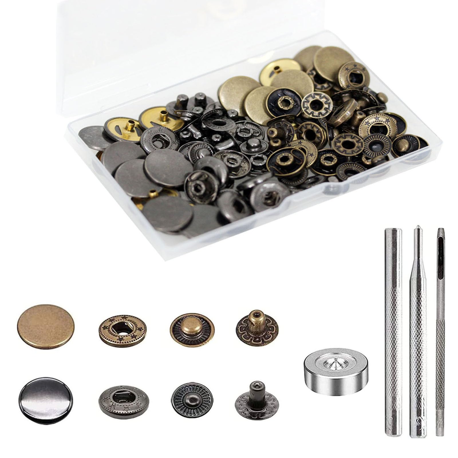 24 Sets Heavy Duty Leather Snap Fasteners Kit, BetterJonny 20mm Metal Snap Buttons Press Studs Leather Rivets Snaps with 4 Setter Tools for Clothes Bracelet Jackets Jeans, 2 Color — image 1