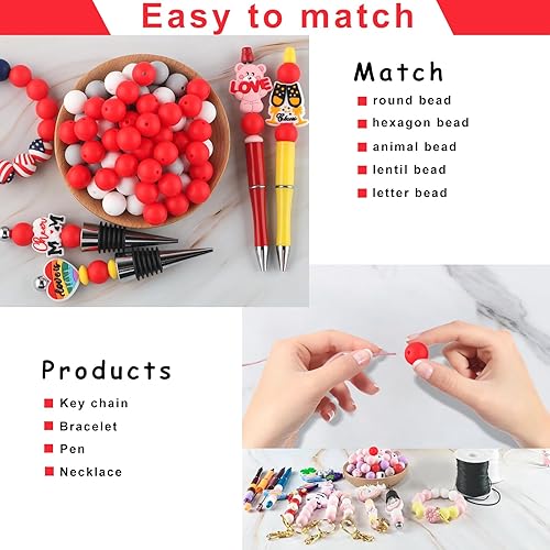 Miniatura 5 de Sunrony 70 cuentas de silicona, cuentas de silicona de 0.59 pulgadas para hacer llaveros, cuentas focales de silicona sueltas de goma para kit de