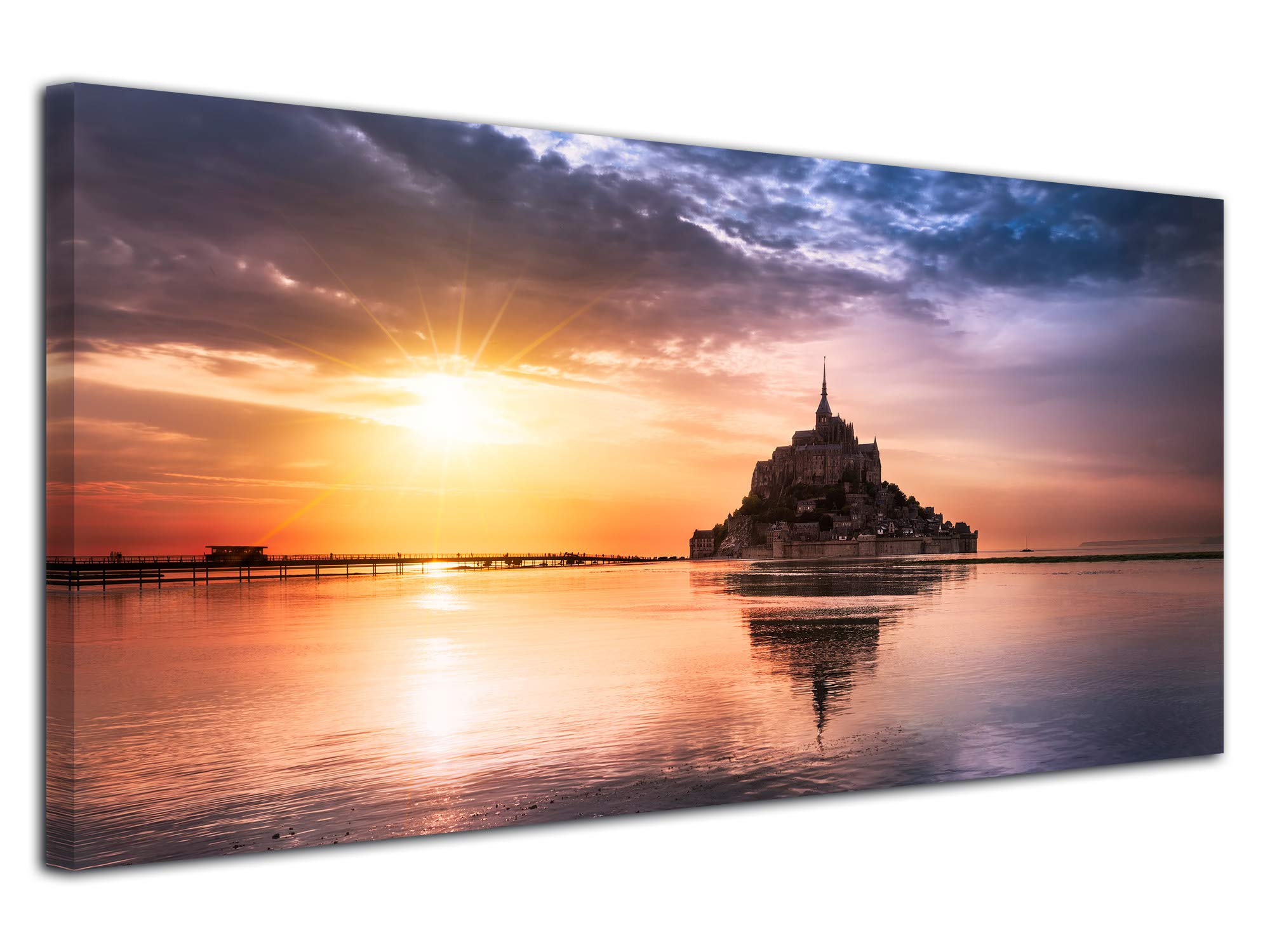 DECLINA Tableau Mont Saint Michel - Impression Photo Paysage sur toile décoration murale - Déco maison, cuisine, salon, chambre adulte - 100x50 cm