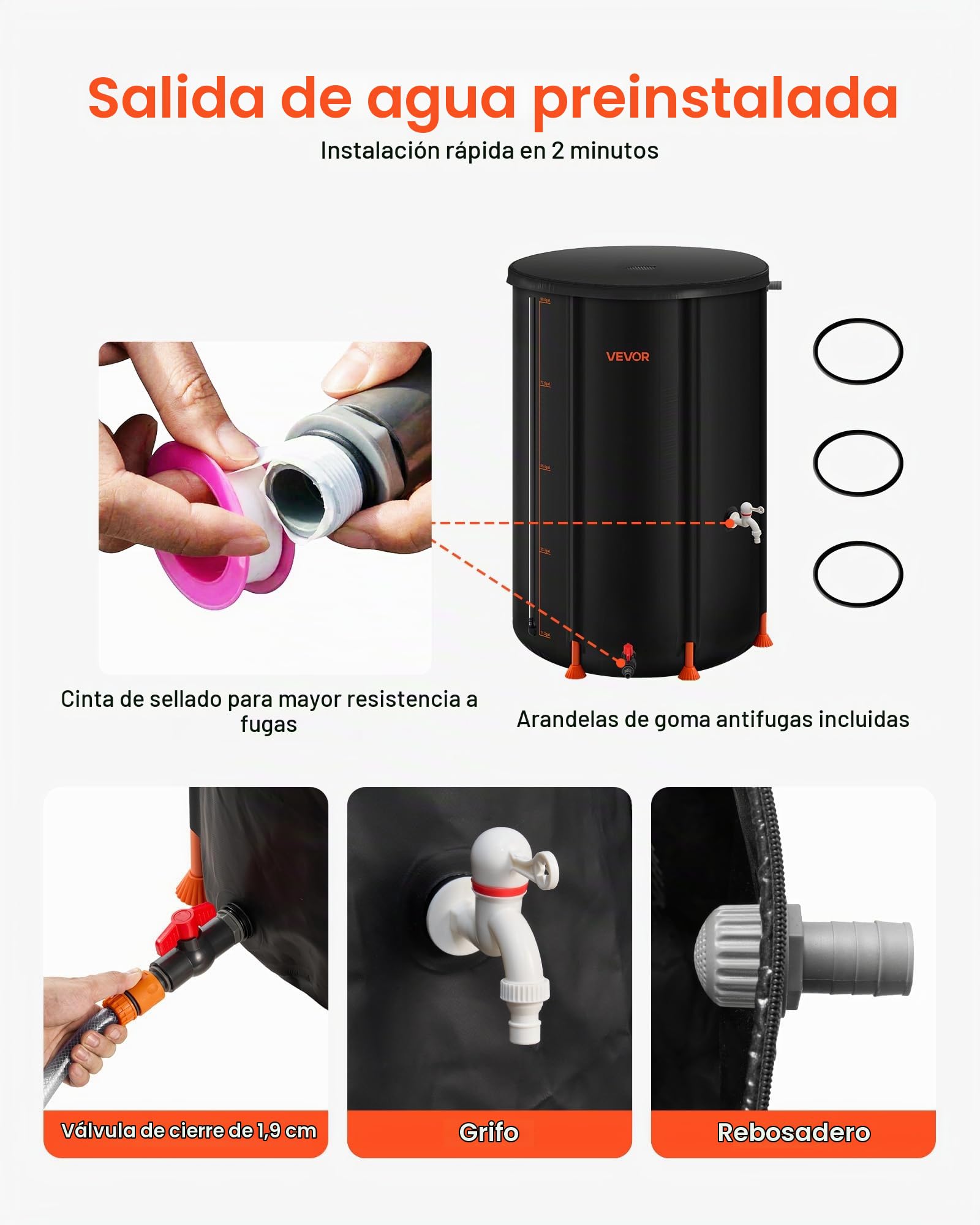 VEVOR Barril de Lluvia Plegable, Barril Portátil de 380 L de PVC 1000D para Recolección de Agua de Lluvia, Contenedor de Almacenamiento de Agua para Jardín con Grifo y Kit de Desbordamiento, Negro