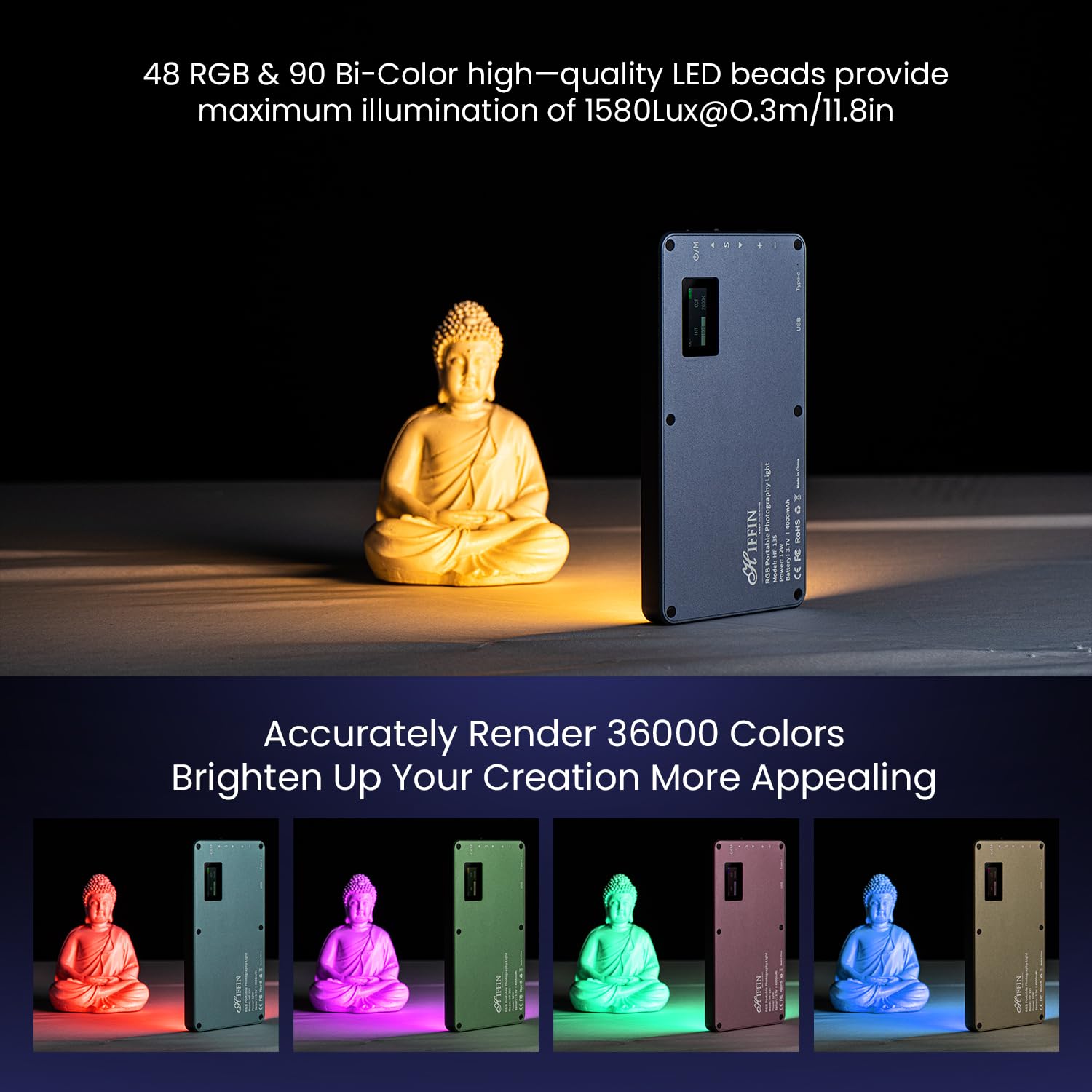 HIFFIN HF-135 Portable Pocket RGB LED Video Light with 24 Lighting Effect Modes, 4000 mAh Inbuilt Battery, 2500K-9000K Full Color - Ideal for Photography, and Product Photography 1