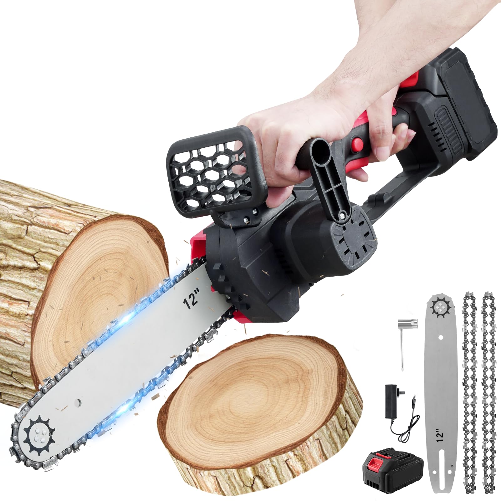 Mini Chainsaw Cordless 12in, Powerful Electric Chain Saws, Battery Chainsaw