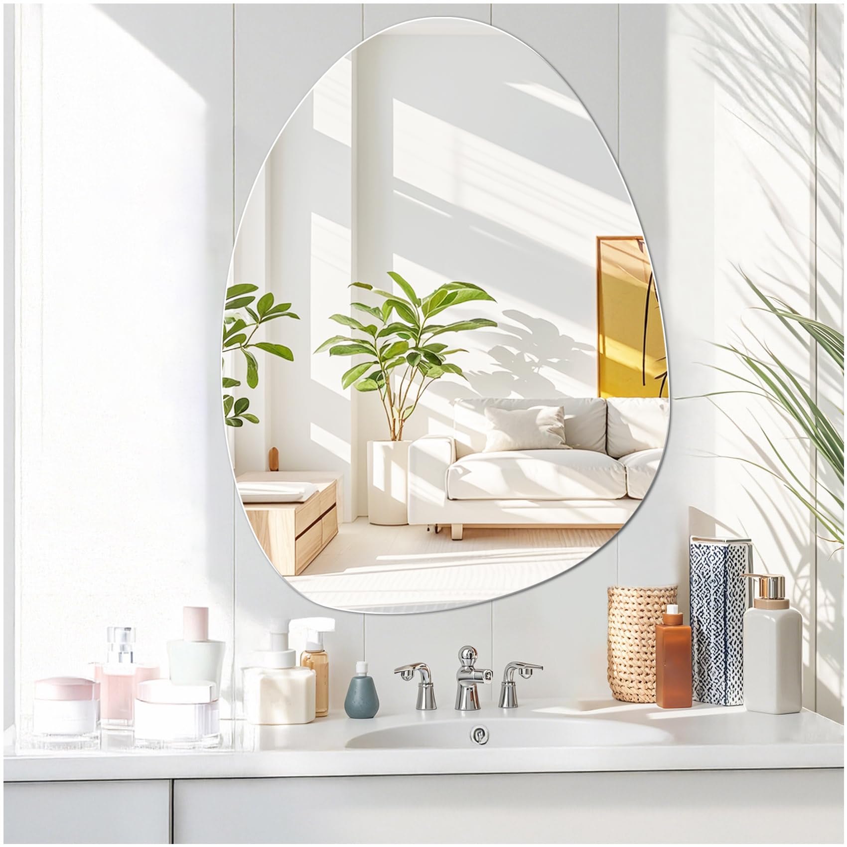 Grand Miroir Asymétrique 60 x 45 cm Miroir Mural Ovale Irrégulier Verre HD décoratif Moderne Miroir Salle de Bain Chambre Salon Entrée