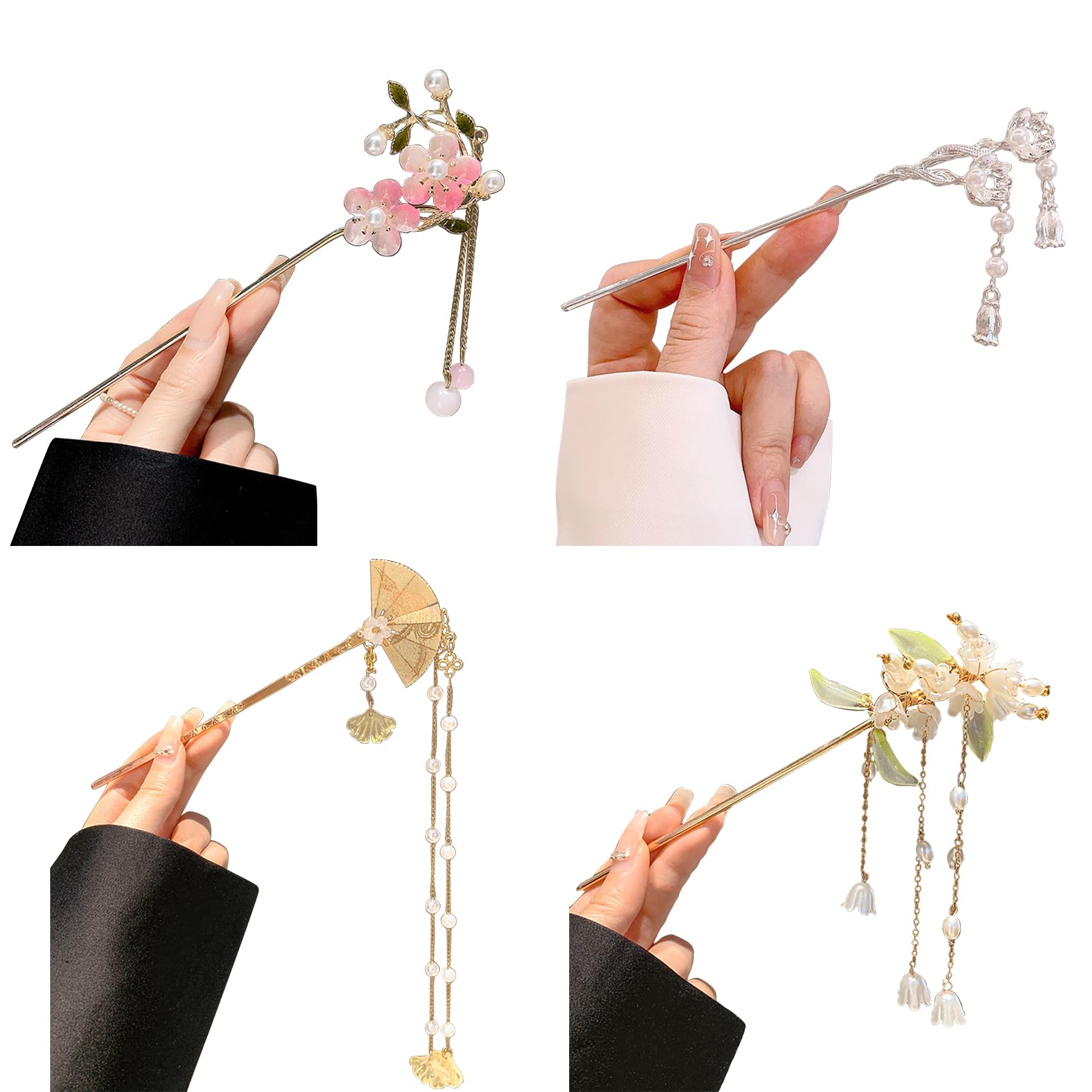 4 Pieces Rhinestone Pearl Flower Hair Stick Vintage Chinese Hair Chopsticks Vintage Tassel Hair Pin Chignon Pin Chopsticks Hair Styling Hair Making