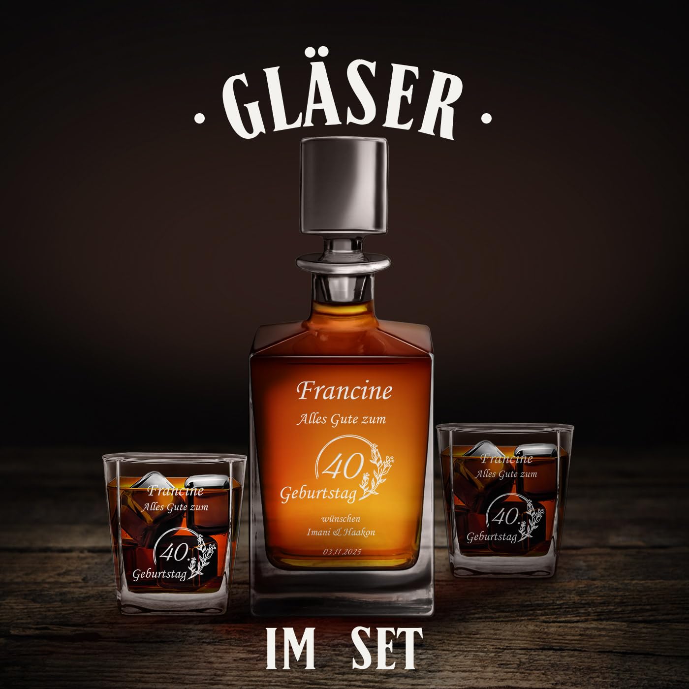 Maverton Whisky Karaffe 810 ml + 2/4 / 6 Whiskygläser mit Gravur 250 ml