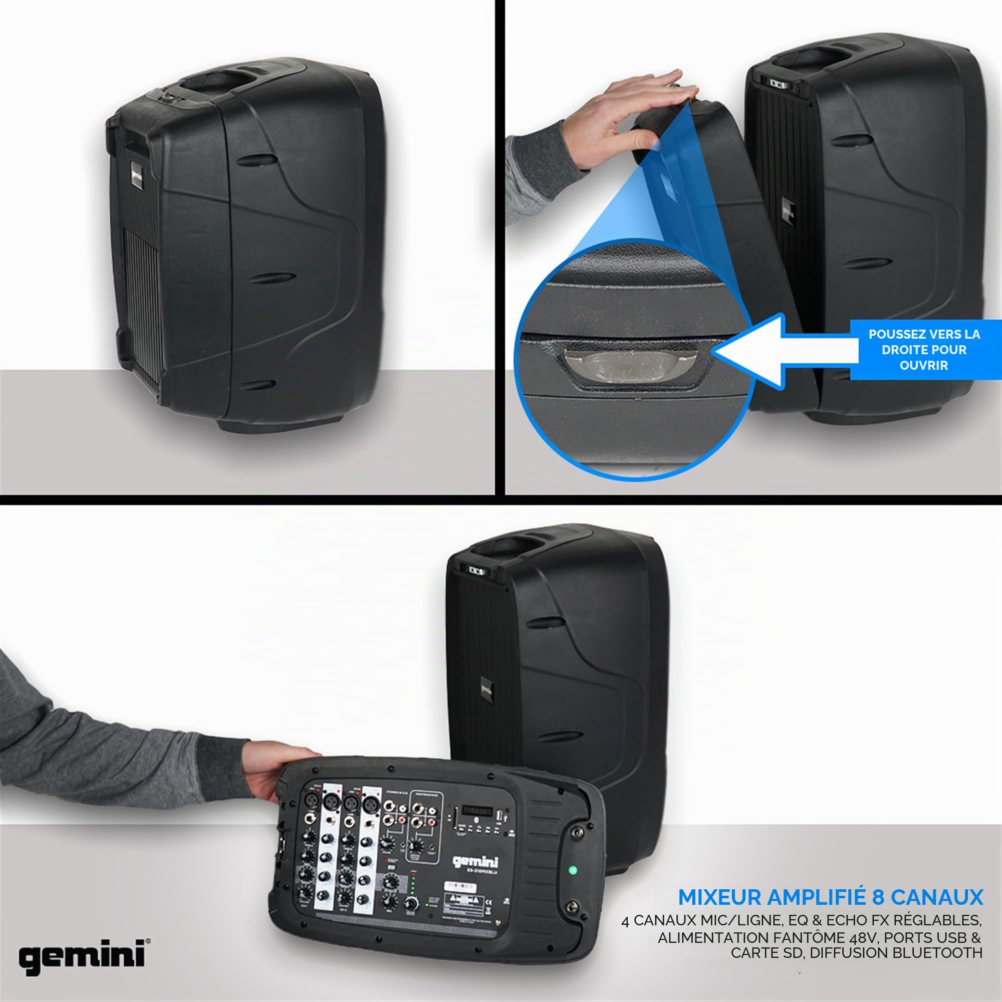 Gemini Sound ES-210MXBLU Professional Audio Bluetooth PA avec Deux Haut-parleurs de Woofer de 10 Inclus, Mélangeur Amovible à 8 Canaux, 4 entrées de Ligne / Micro, SD, USB