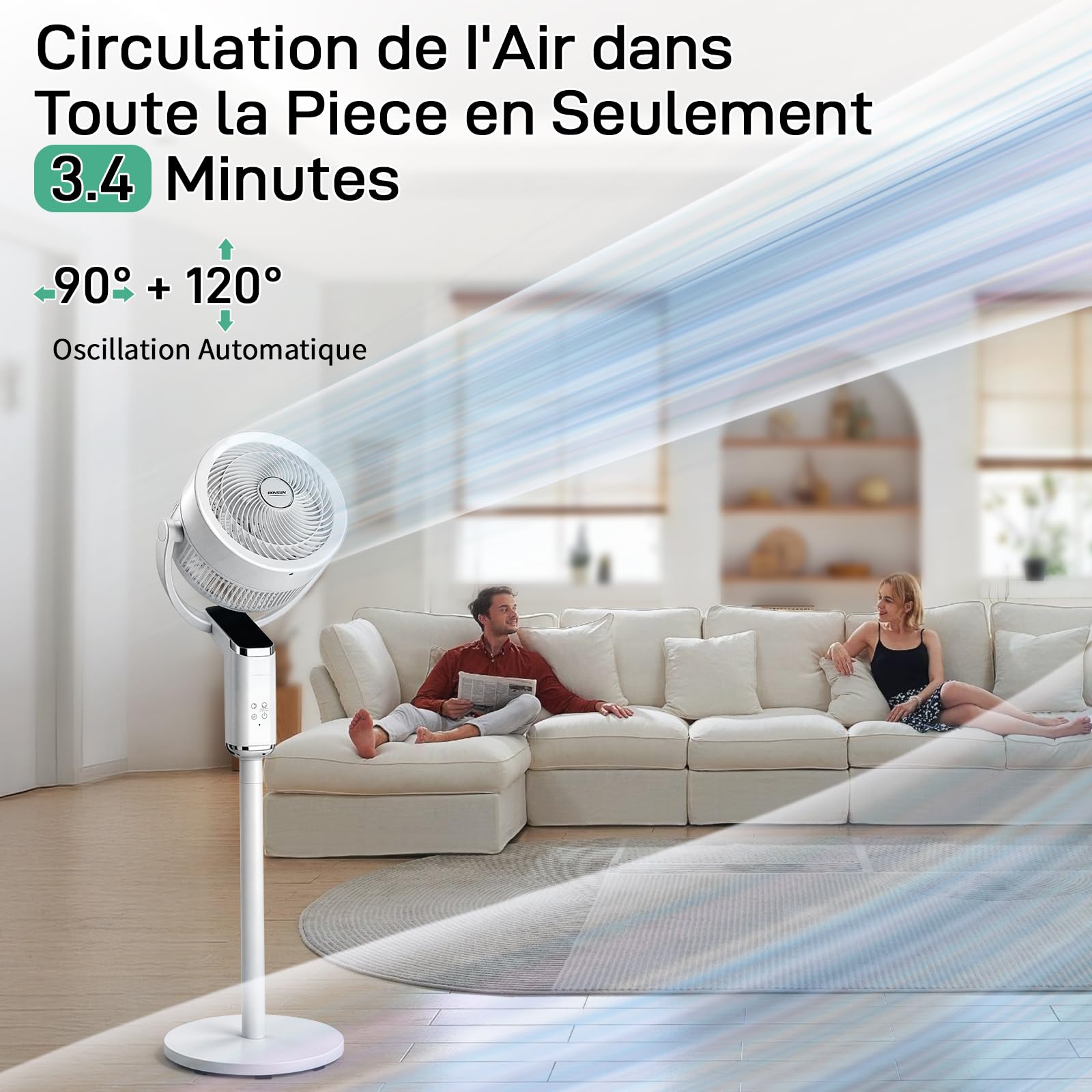 LEADZM Standventilator, leise, leistungsstark, omnidirektionale Oszillation 90 ° + 120 °, Höhe 62 – 110 cm, 8 Geschwindigkeitsstufen, Timer 15 Stunden (112 cm)