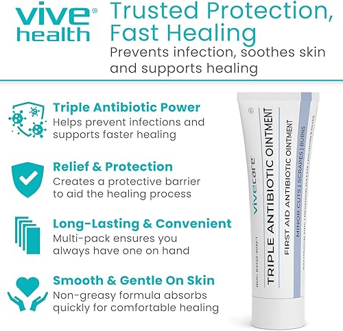 Miniatura 2 de ViveCare Triple Antibiótico Ungüento - Crema antibacteriana tópica para curar y tratar infecciones - Suministros de botiquín de primeros auxilios,