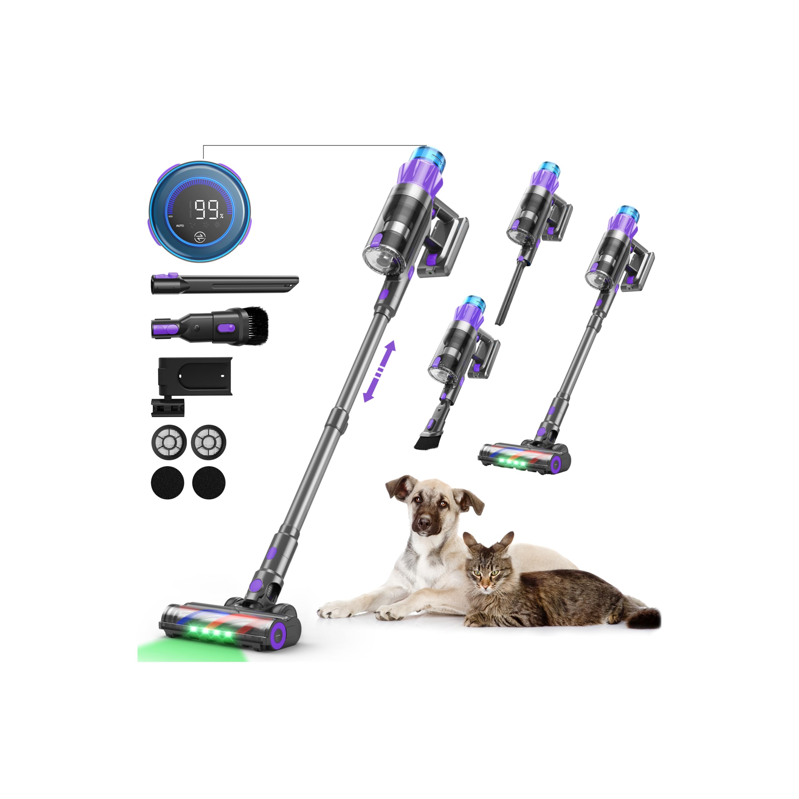 Aspiradora Sin Cable Potente, 55KPA/580W/70Min Escoba Eléctrica sin Cable con Pantalla Inteligente y Anti-enredos, luz LED Verde, Aspirador Sin Cable Potente para Suelos/Alfombras/Pelo de Mascotas