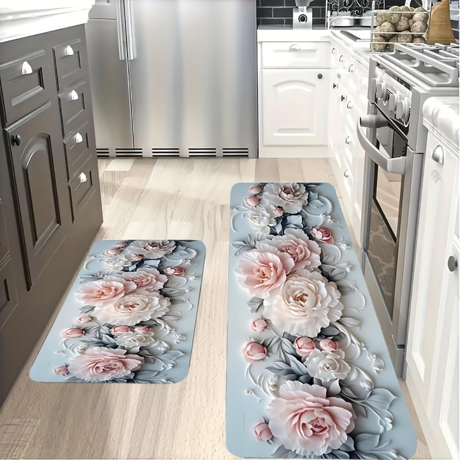 Pink Peonies Anti Fatigue Kitchen Mats 2 Piece Set, 17x47 + 16x24 Inch Cushioned Non-Slip Waterproof Washable Floor & Standing Desk Mat for Kitchen, Laundry, Office