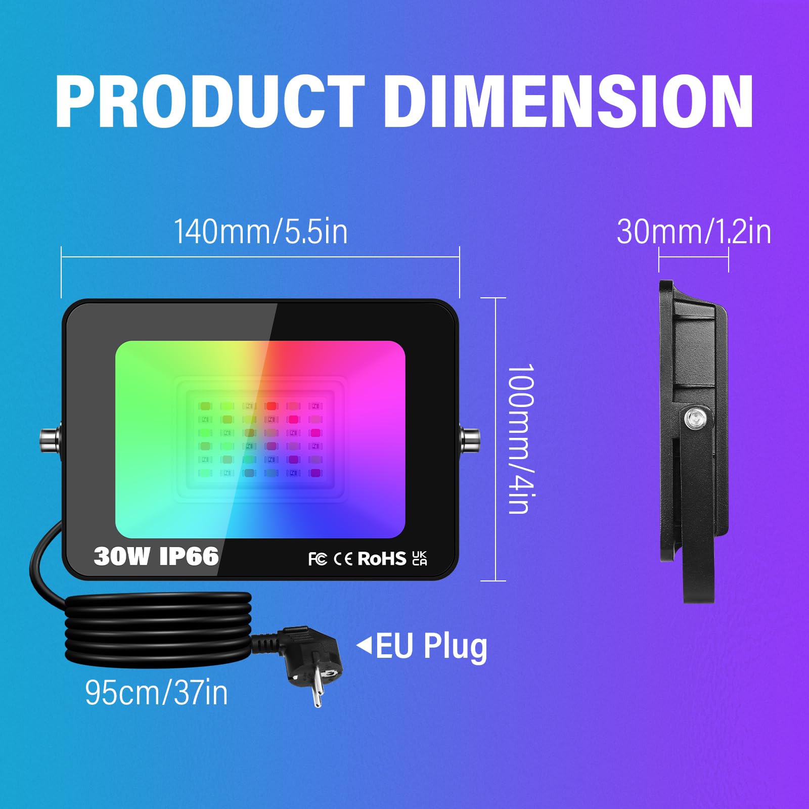 RIGIDON 1X 30W RGB Projecteur LED Extérieurs App Télécommande, 3000LM Exterieur & Interieur couleur RGBW Lumière de Projecteur, Minuteur Neon Spot Led Pour Jadin, Terrasse, Patio, IP66 étanche