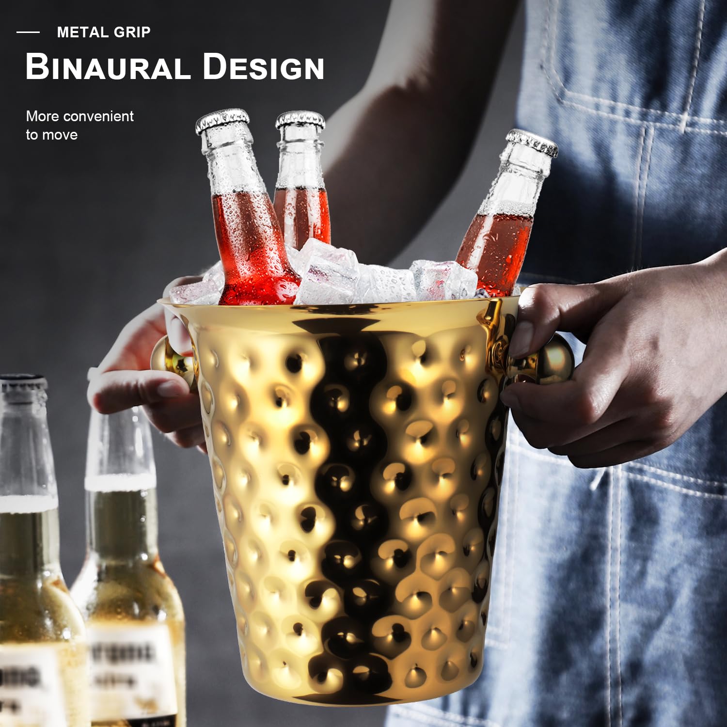 Secchiello Ghiaccio In Acciaio Con Design Martellato – Contenitore Per Vino E Bottiglie, Oro, Con Manico, Per Bar, Casa E Feste, In Acciaio Inox, Capiente E Sicuro