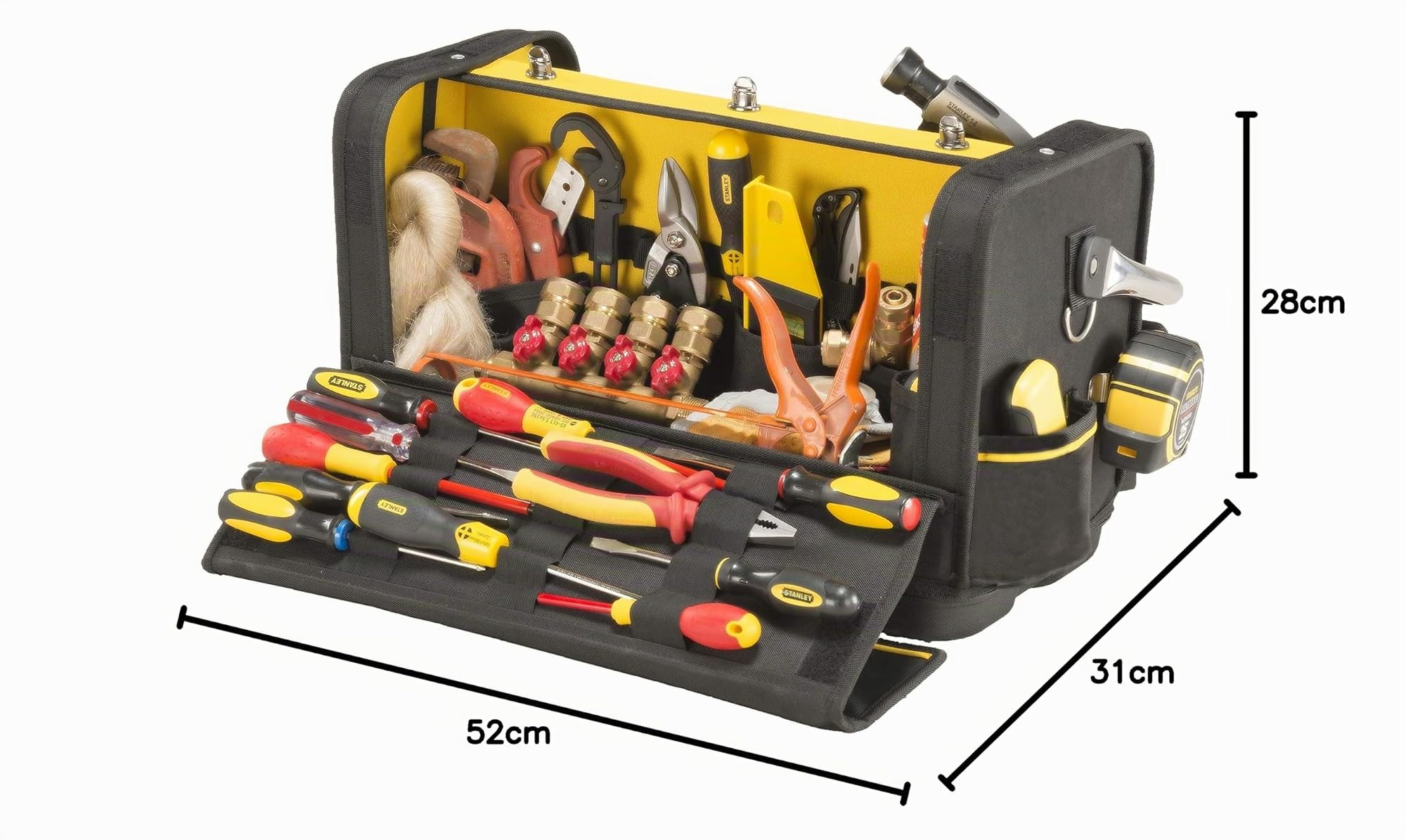 Stanley Fmst1-70719 Sac Porte-Outils Gamme Fatmax - Nombreuses Poches - Sangle D'Épaule - Poignée Caoutchouc - Fond en Polypropylène - Résiste à L'Eau et La Poussière - 600 Deniers Base rigide poignée rigide | Sac de maintenance - Stanley Fatmax