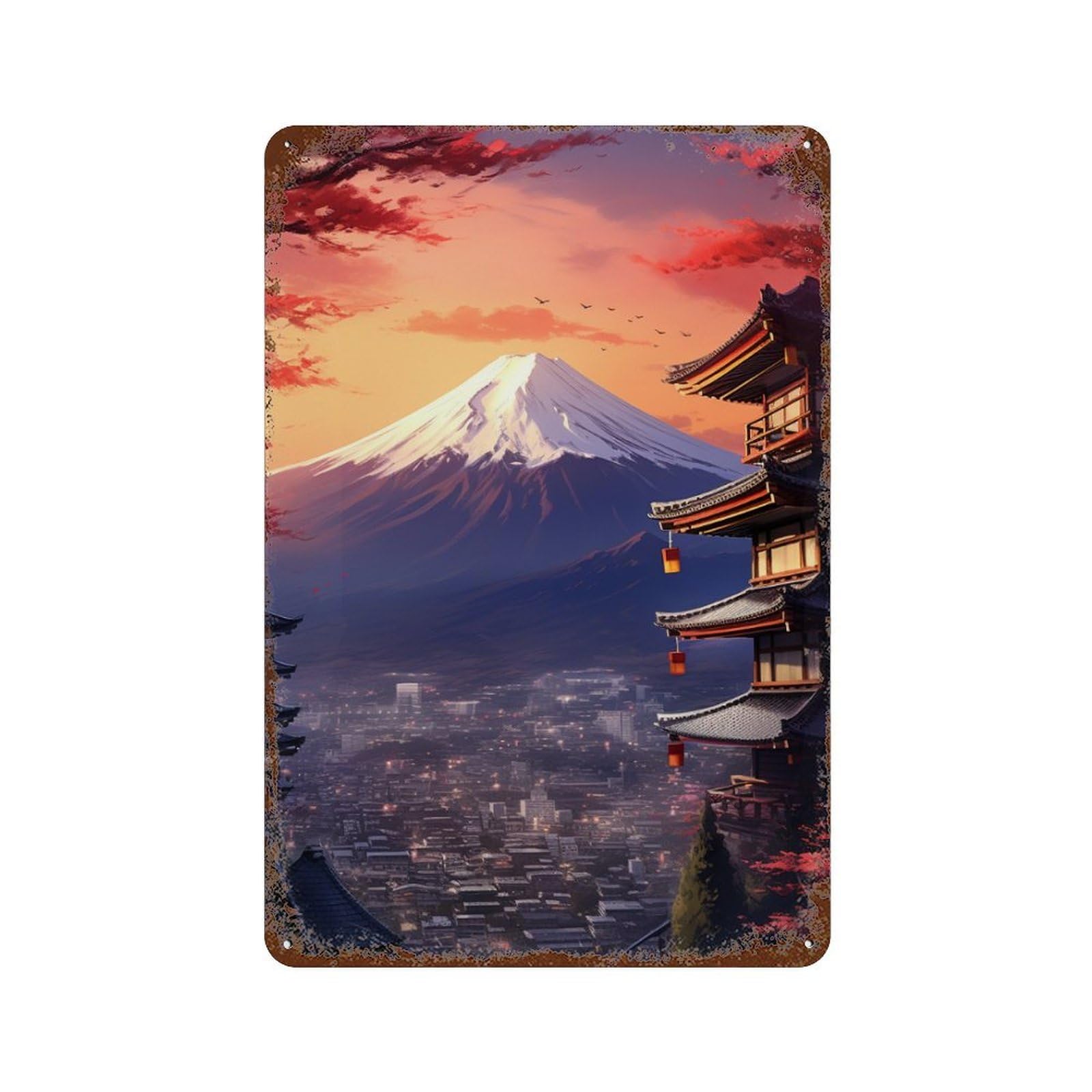 Japan's Mount Fuji Sunset Aged Metal Wall Plaque 11.8"x7.9", for Office, Studio And Wall Decor, Novelty Wall Decor