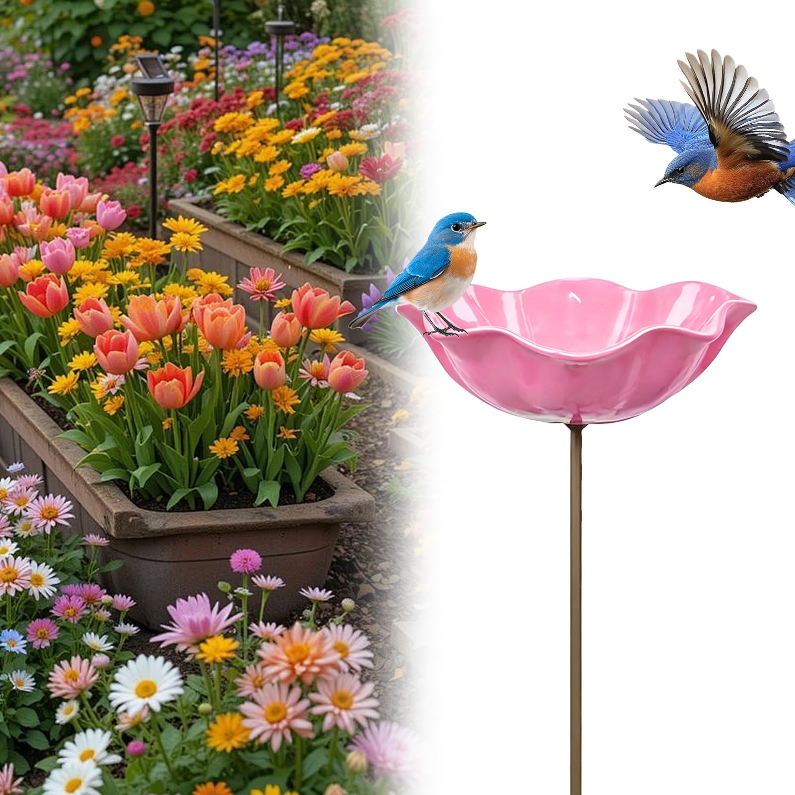 Handmade Metal Flower Garden Stake Bird Bath, Flower-Shaped Bee Watering Station for Garden, Bee Watering Floral Stake Station, Butterfly Bee Bath Bowl for Outdoor Yard Patio Pathway Decor (Yellow) — view 10