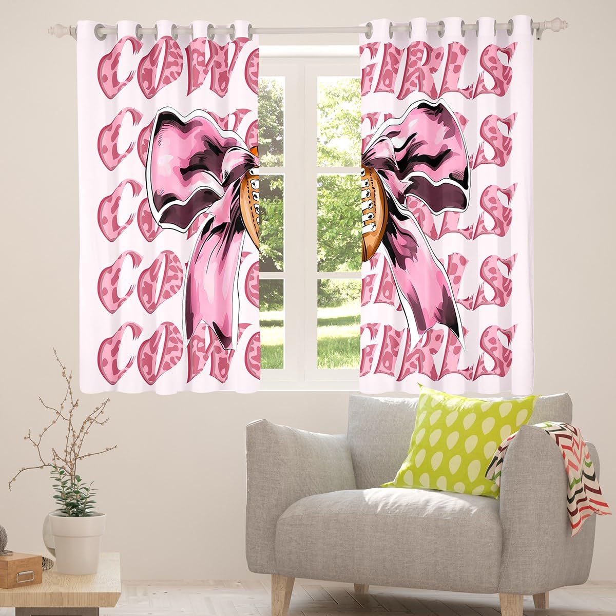 Homewish Różowe zasłony zaciemniające z kokardą, 117 x 183 cm, 2 panele do futbolu amerykańskiego, zasłony okienne dla dziewcząt, dzieci, zachodni kowboje, kokarda, wiązanie, zasłony zaciemniające